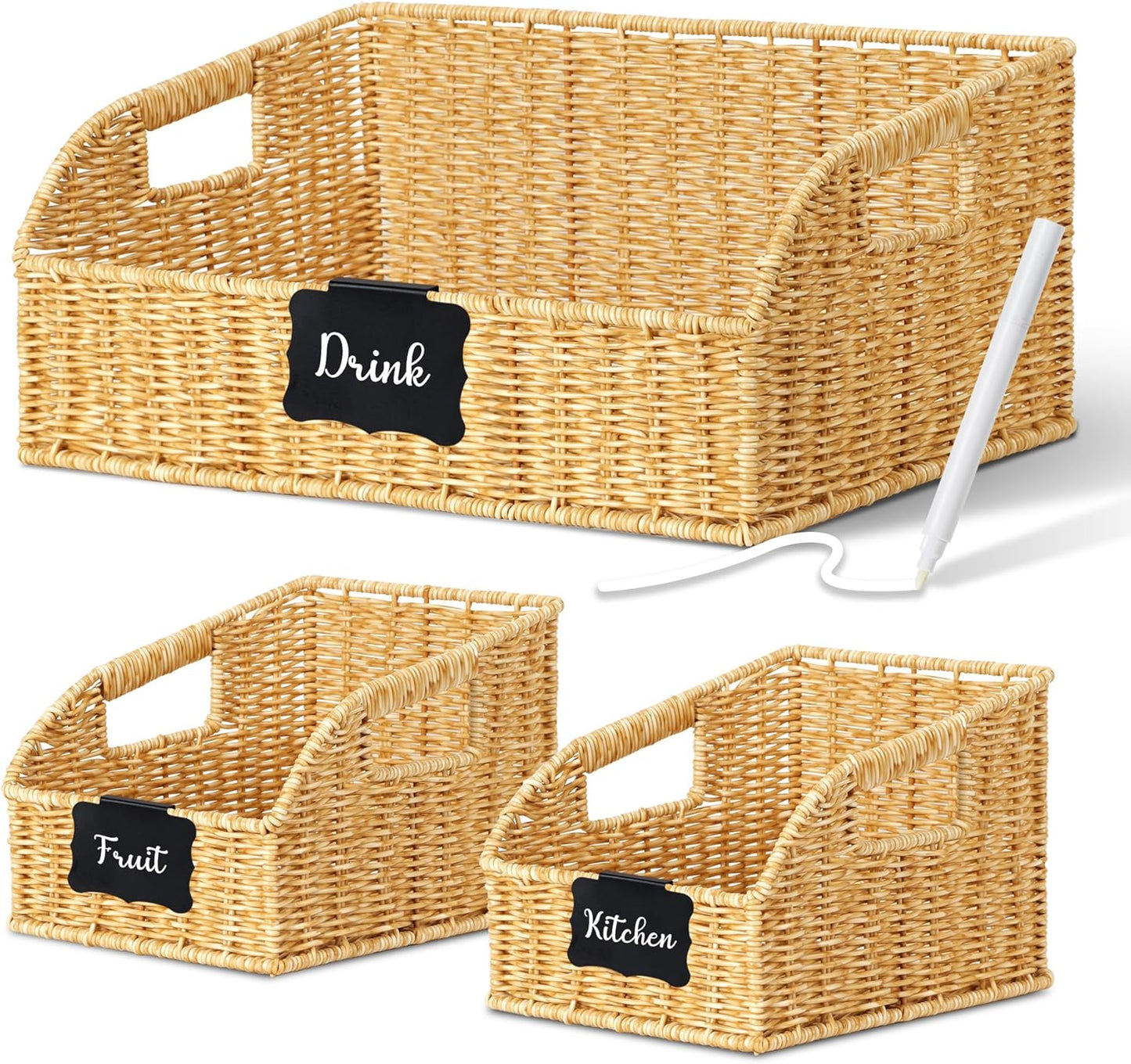 Wicker Baskets for Organizing,Pantry, Kitchen Counter with Handles, Handwoven Woven Storage Baskets for Fruit, Bread, Vegetable, Waterproof Plastic Storage Bins for Shelves, 3 Pack, Natural