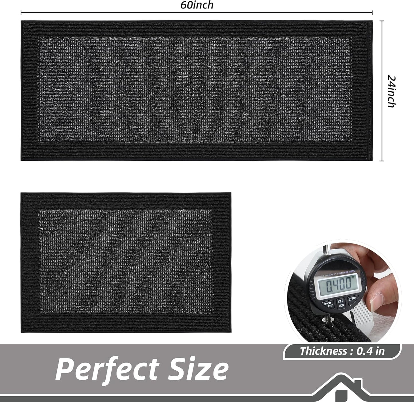 BEQHAUSE Kitchen Rugs and Mats Set of 2 Non-Slip Kitchen Mats for Floor, Absorbent and Stain Resistant Kitchen Runner, Machine Washable Rugs for Kitchen, Laundry & Sink, 24"x36"+24"x60", Black