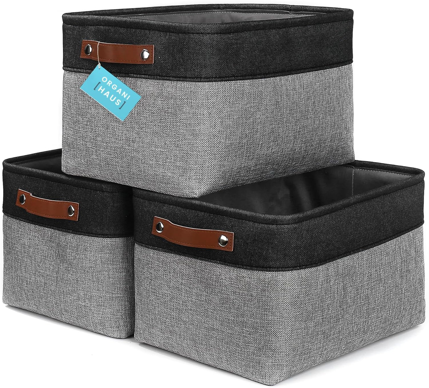 OrganiHaus Large Fabric Storage Baskets for Shelves 3 Pack | 15x11in Closet Storage Bins for Shelves | Clothes Storage Bins for Organizing | Linen Closet Organizers | Fabric Basket, Gray/Black