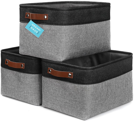 OrganiHaus Large Fabric Storage Baskets for Shelves 3 Pack | 15x11in Closet Storage Bins for Shelves | Clothes Storage Bins for Organizing | Linen Closet Organizers | Fabric Basket, Gray/Black