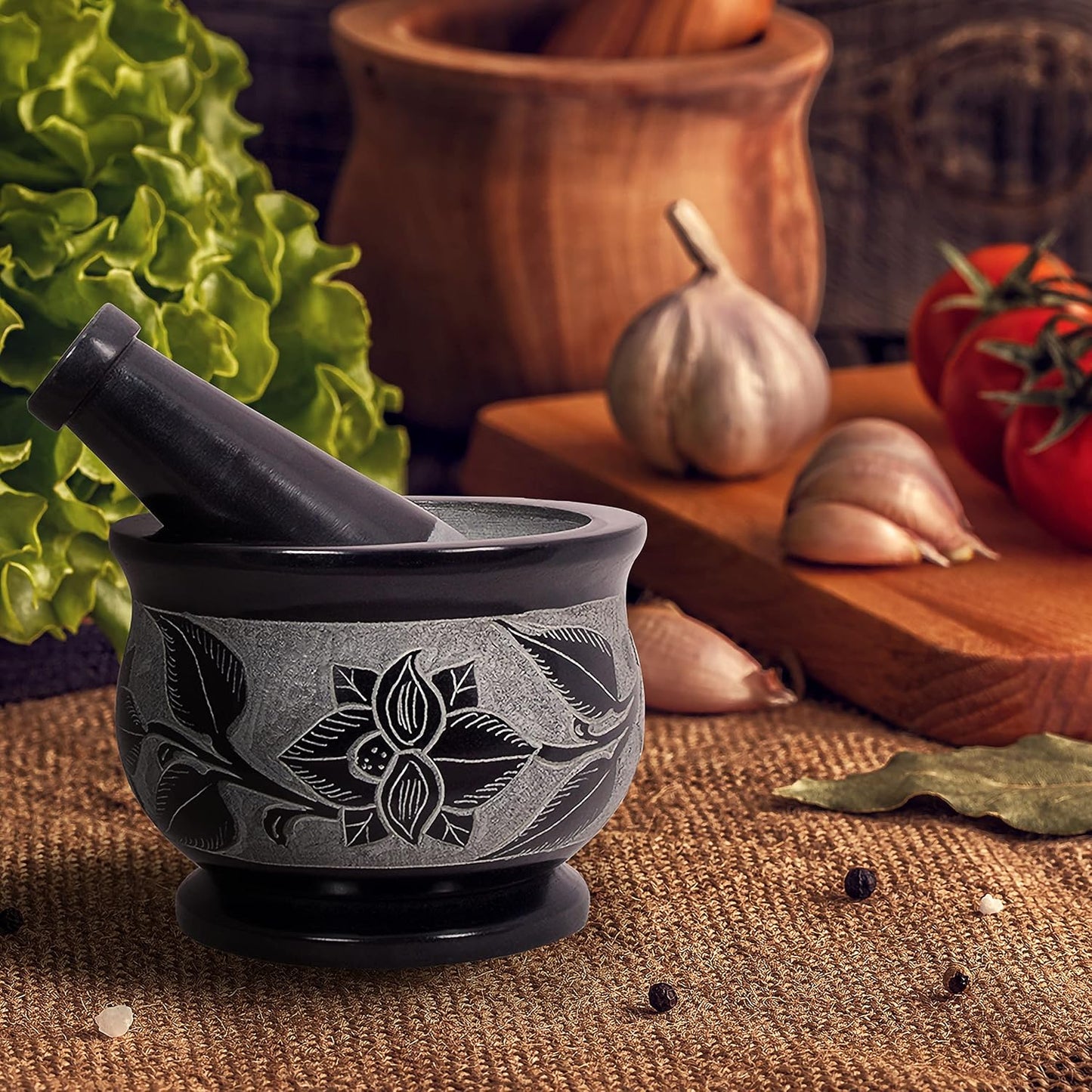 Mortar and Pestle, Made of Heavy Duty Polished Hard Stone, Natural Stone Grinder for Spices, Pastes, Herbs, Seasoning etc. (Floral)