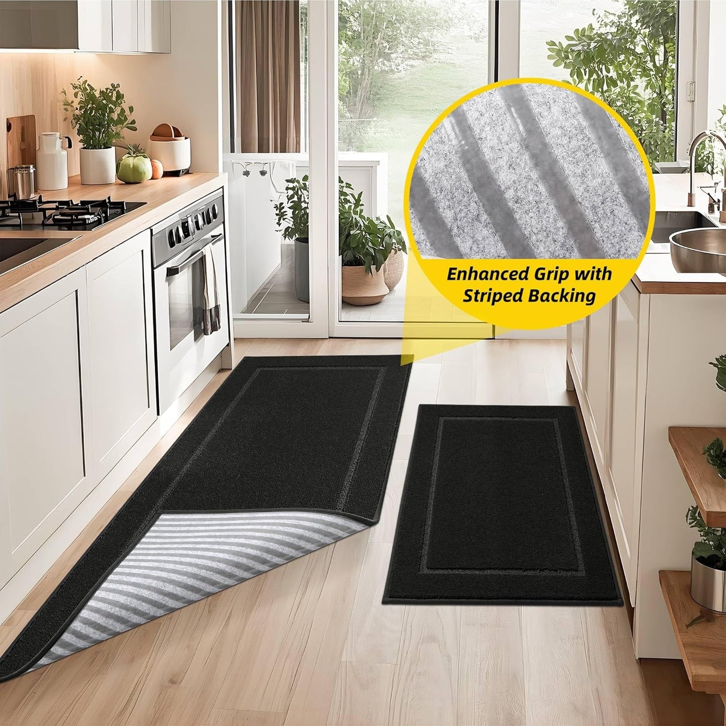 JSEI Non-Slip Kitchen Mats, Self Adhesive No Sliding Kitchen Rugs Set of 2, Washable Absorbent Floor Mat for Kitchen, Bathroom, Laundry Room, Bedroom, 24”x36”+24”x60”, Black, Rectangular Pattern
