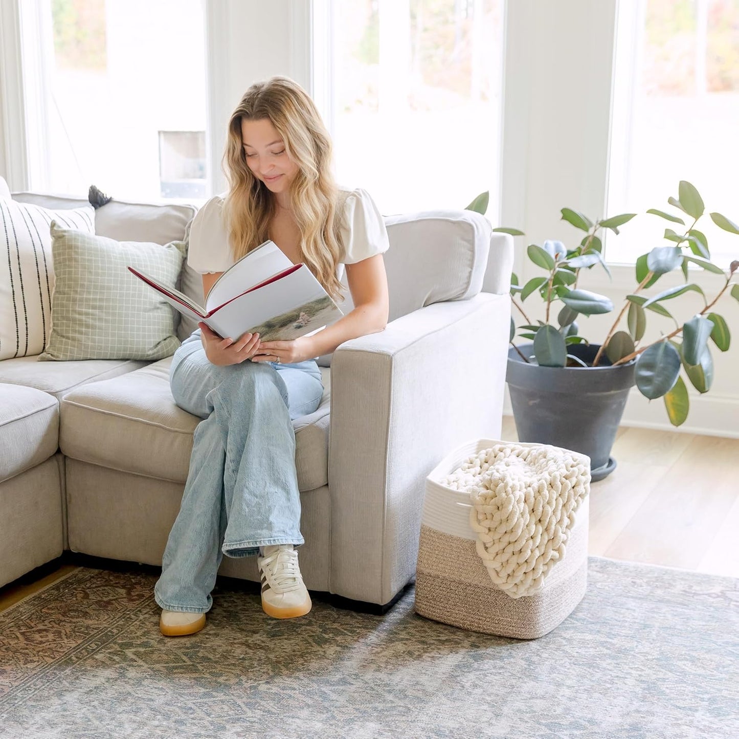 NaturalCozy 13x15x13 Kallax Storage Cubes Bins, 3 Pack | Cotton Rope Cube Storage Bin Woven Baskets for Organizing | Kallax Insert Storage Baskets for Shelves Organizer, Kids Toy, Closet Baby Nursery