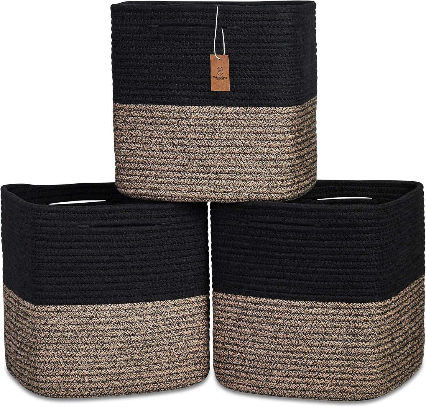 NaturalCozy 13 Inch Cube Storage Bins Cotton Rope Woven Baskets for Organizing 3-Pack | 13 x 13 Storage Cubes | Fabric Square Storage Baskets for Shelves Organizer, Kids Toy Bins, Closet Baby Nursery