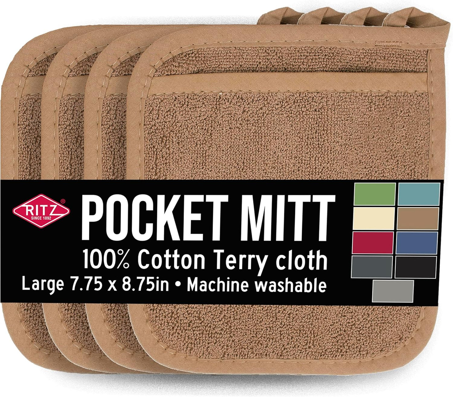 RITZ Terry Pocket Mitt & Hot Pad: Unparalleled Heat Resistant, Durable 100% Cotton,Ergonomically Designed for Optimal Grip, Easy-Care Machine Washable 4-Pack, Mocha Brown