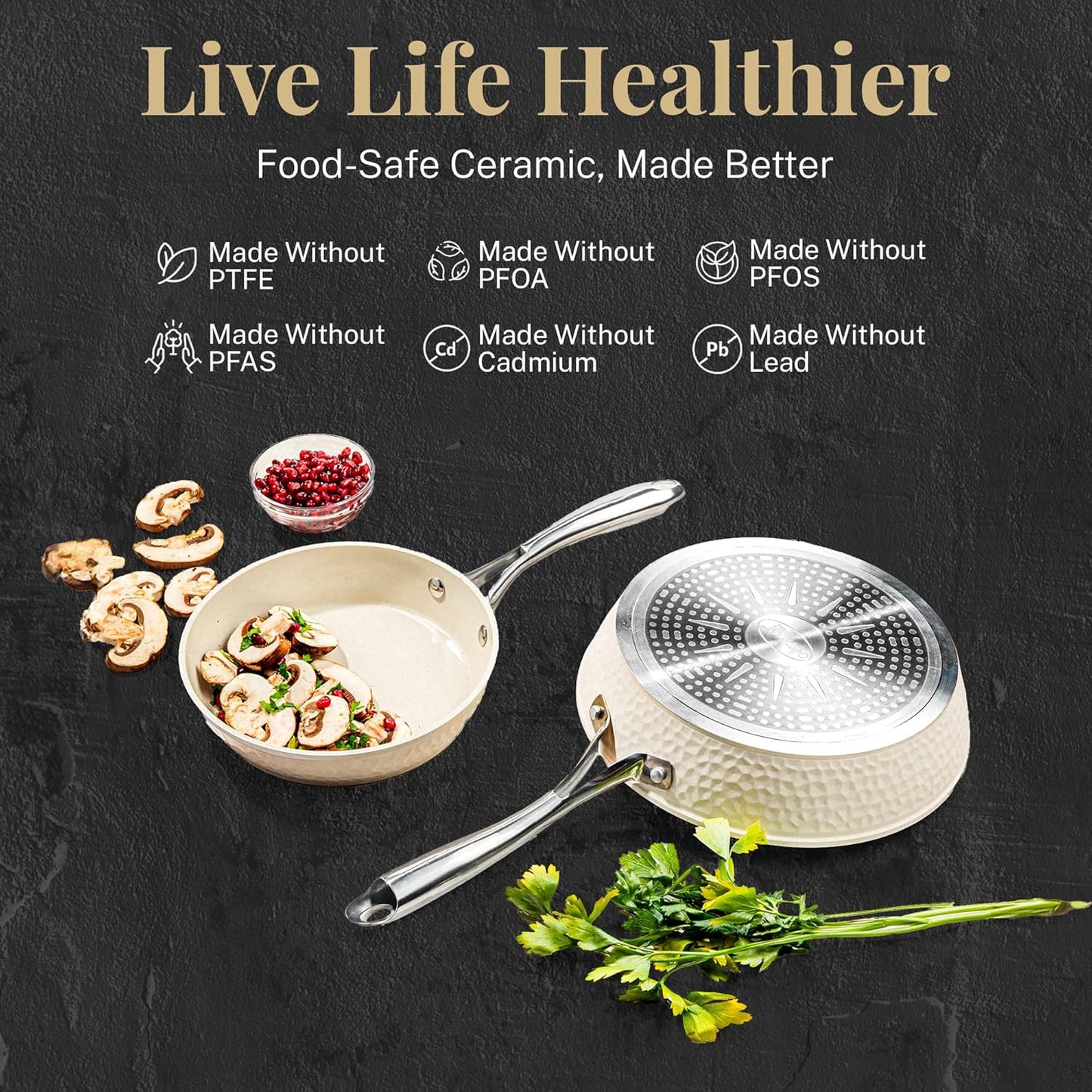 Gotham Steel Hammered 15Pcs Ceramic Cookware Set Nonstick, Induction Pots and Pans Set Non Stick with Bakeware Set & Steamer for Cooking, Non Toxic PFOA PFOS Free, Oven & Dishwasher Safe, Cream White