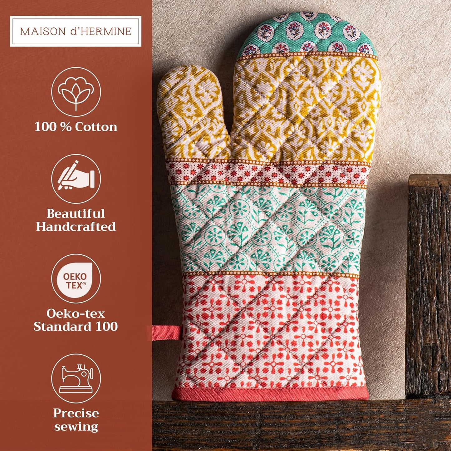 Maison d' Hermine Oven Gloves 100% Cotton Oven Mitt 7" x 13" with Loop Heat Resistant, BBQ, Cooking Gloves, Baking, Grilling, Kitchen, Handling Hot Pans Spring/Summer (Pack of 1, Provence)