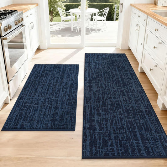 COSY HOMEER Kitchen Rugs Non Slip Washable 24"x36"+24"x60" Absorbent Soft Kitchen Mats for Floor Polyester Kitchen Runner Rug Sets of 2 Kitchen Floor Mats for Sink Mat,Hallway,Laundry,Navy Blue