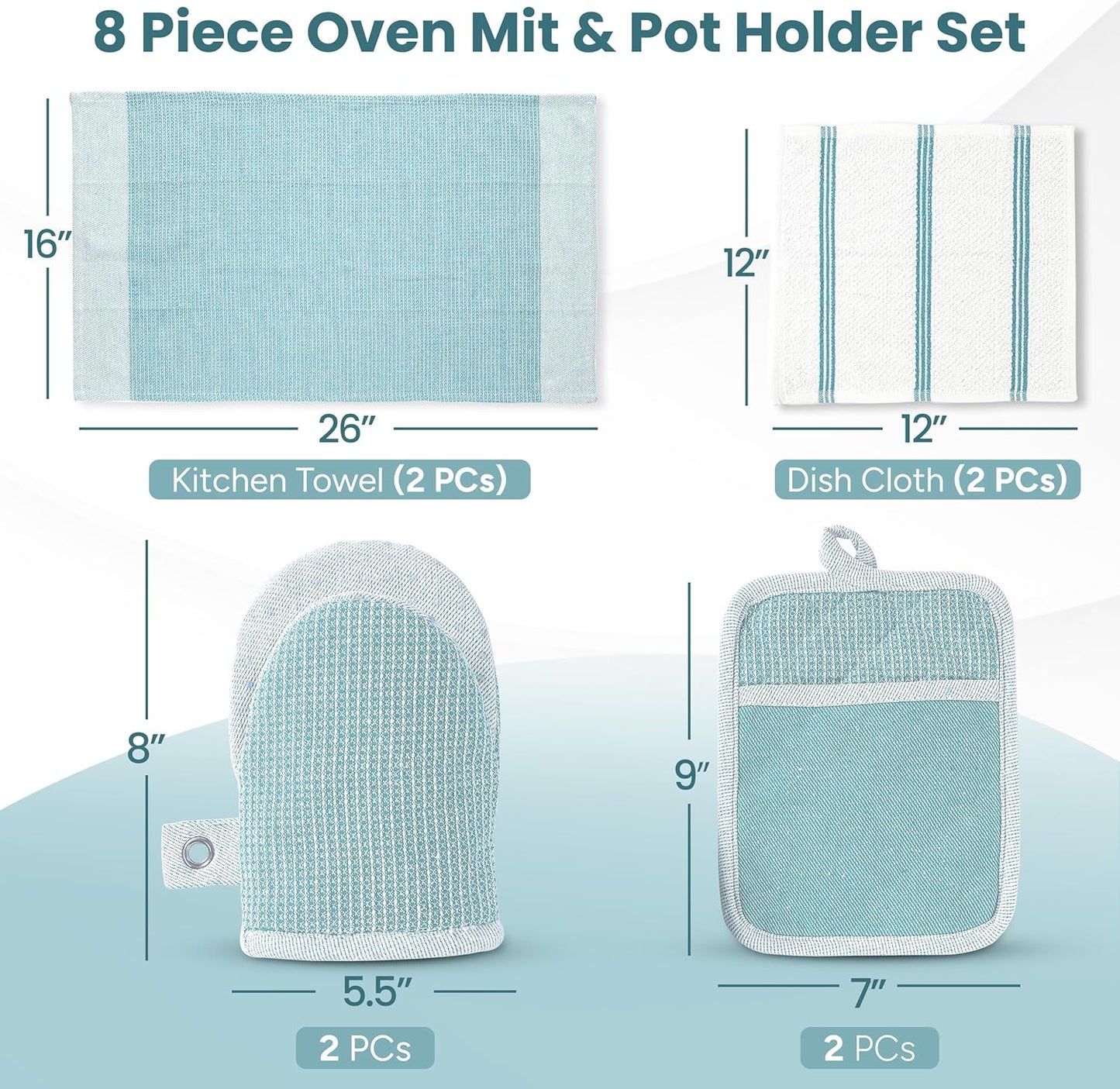 Casa Platino Oven Mitts and Pot Holders Sets, 8-Piece – 500°F Heat Resistant Mini Oven Mitts with Silicone Grip, Potholders for Kitchens, 2 Kitchen Towels & 2 Dish Cloths – Non-Slip & Durable – Aqua
