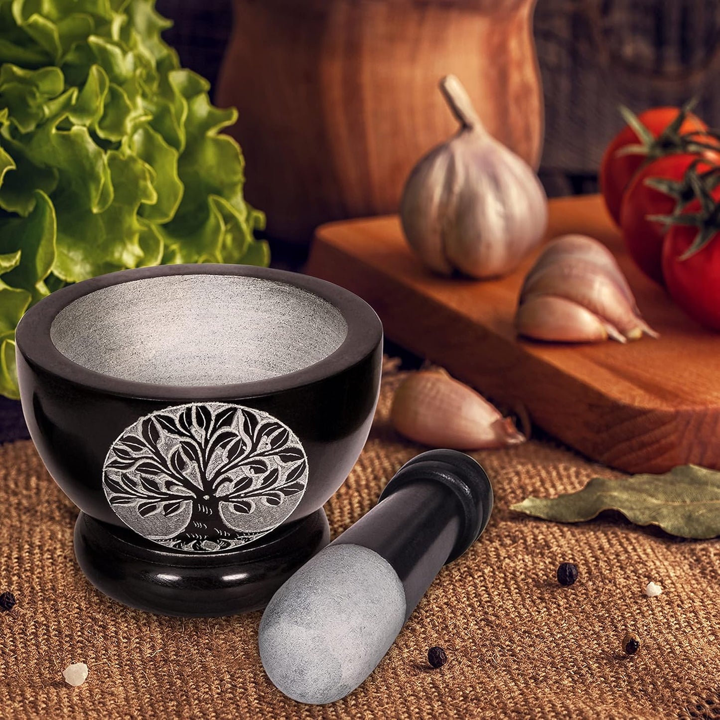 Mortar and Pestle, Made of Heavy Duty Polished Hard Stone, Natural Stone Grinder for Spices, Pastes, Herbs, Seasoning etc. (Tree of Life)
