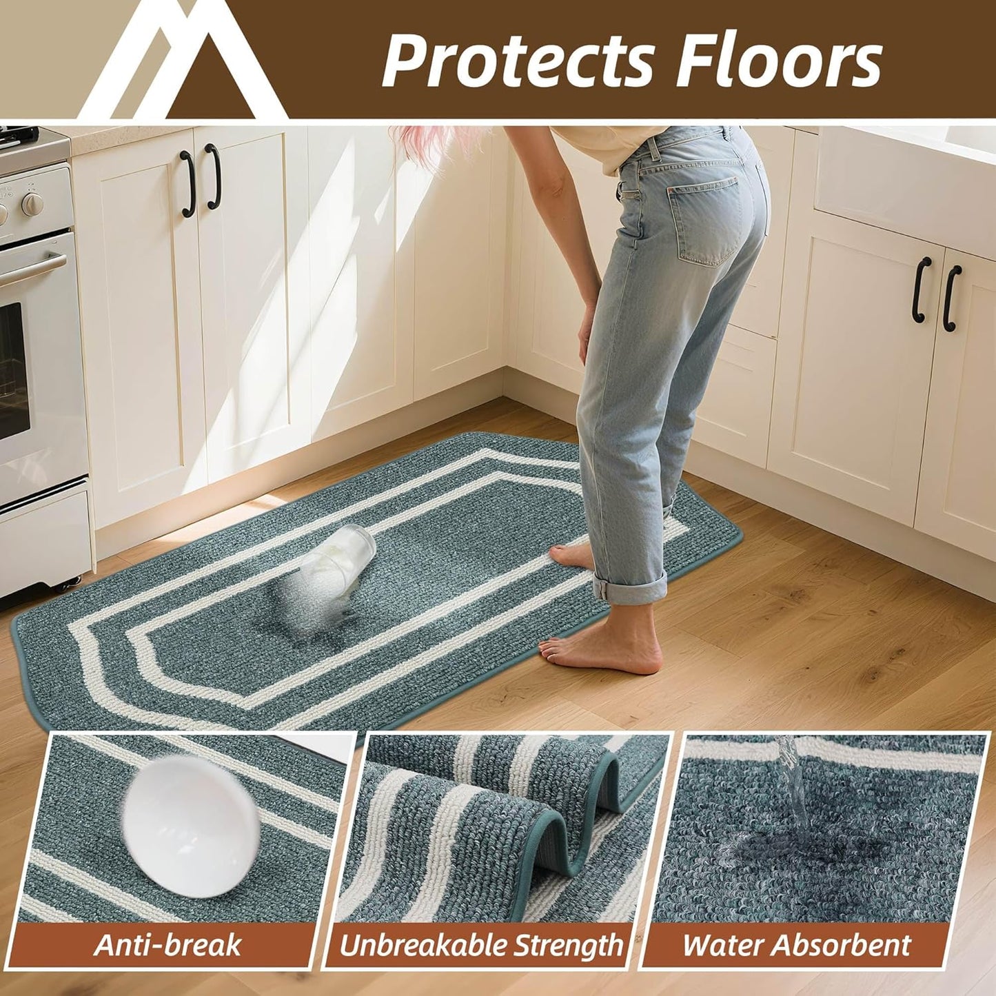 COSY HOMEER Kitchen Rugs and Mats 24"x48" Non Slip Kitchen Mats for Floor Washable Kitchen Runner Rug Stain Resistant Standing Mat for Kitchen,Sink,Polypropylene,Lake Blue