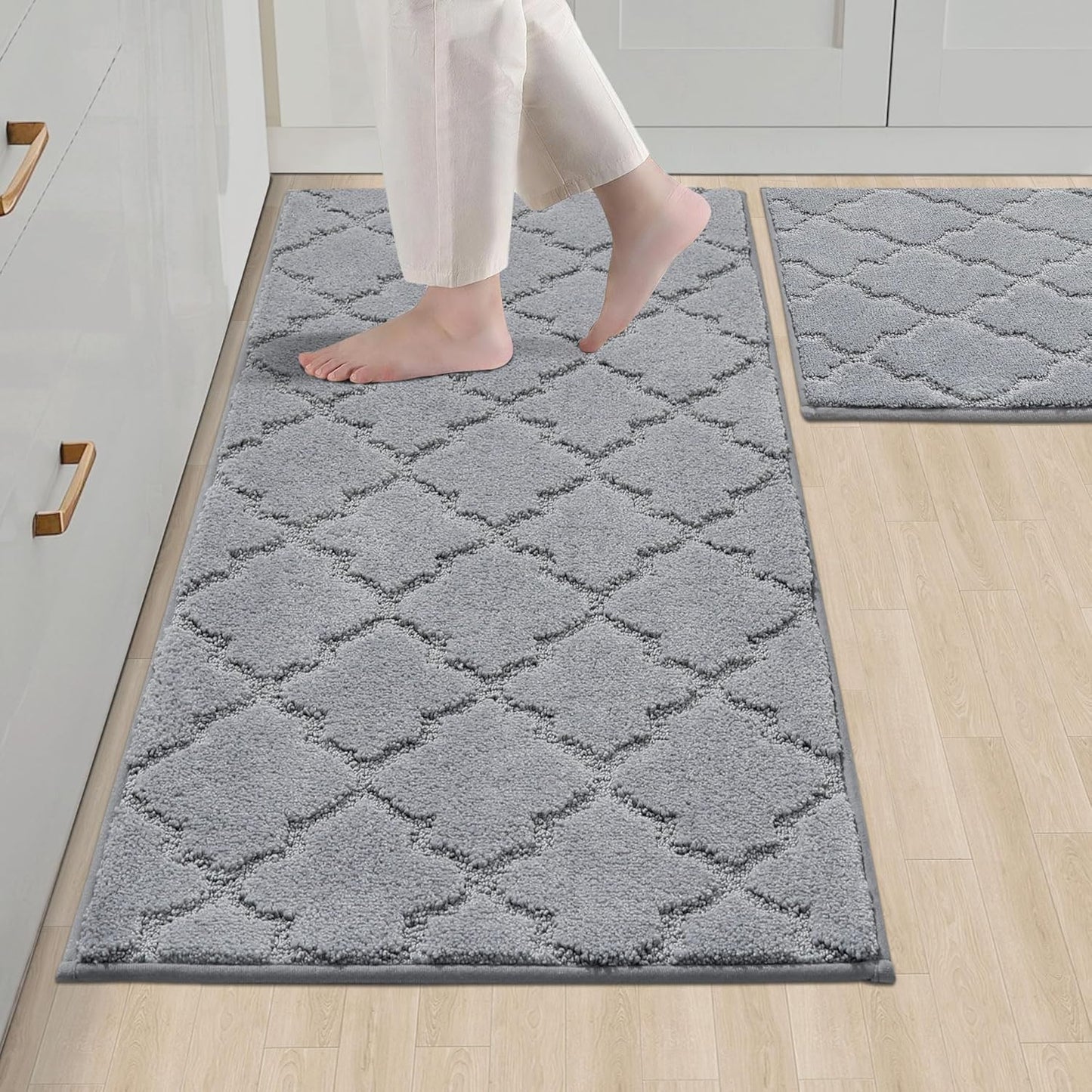COSY HOMEER Soft Kitchen Rugs [2 PCS] for in Front of Sink Super Absorbent Kitchen Floor Mats and Mats 20x30 Inch/20X48 Non-Skid Kitchen Mat Standing Mat Washable,Polyester,Grey