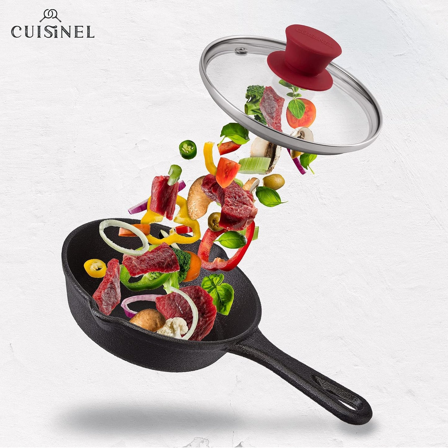 Cuisinel Glass Lid with Steam Vent Hole - 6"-Inch/15.24cm - Compatible with Lodge Cast Iron Skillet Pan - Fully Assembled Universal Replacement Cover - Tempered, Oven Safe - Reinforced Stainless Rim