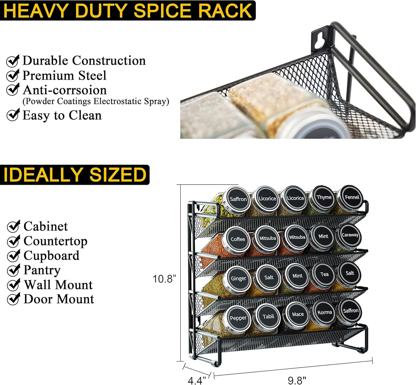 SpaceAid Spice Rack Organizer with 20 Spice Jars, 386 Spice Labels, Chalk Marker and Funnel Set for Cabinet, Countertop, Pantry, Cupboard or Door & Wall Mount - 20 Jars, 9.8" W × 10.8“H, Black