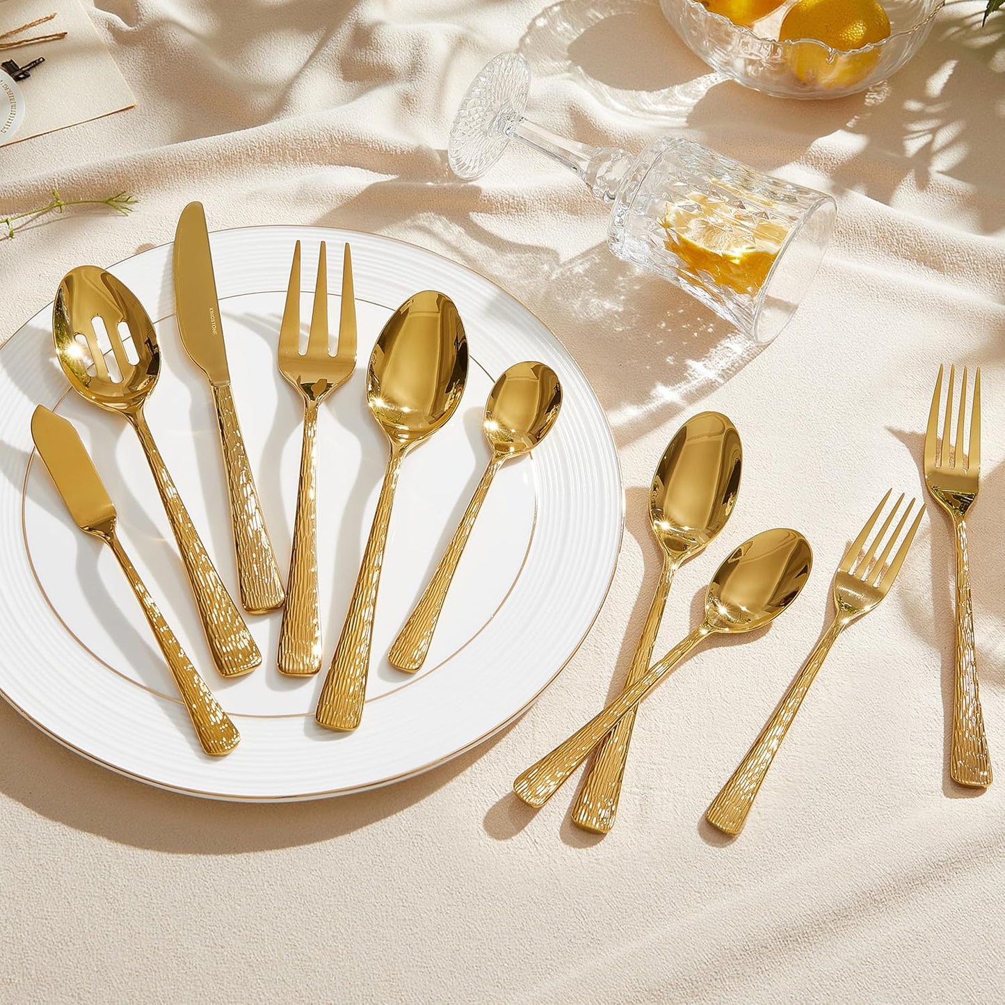 KINGSTONE Gold Hammered Silverware Set, Flatware Set with Serving Utensils, 18/10 Stainless Steel Premium Cutlery with Unique Ripple Handles Design Mirror Polished - Dishwasher Safe (45-Piece)