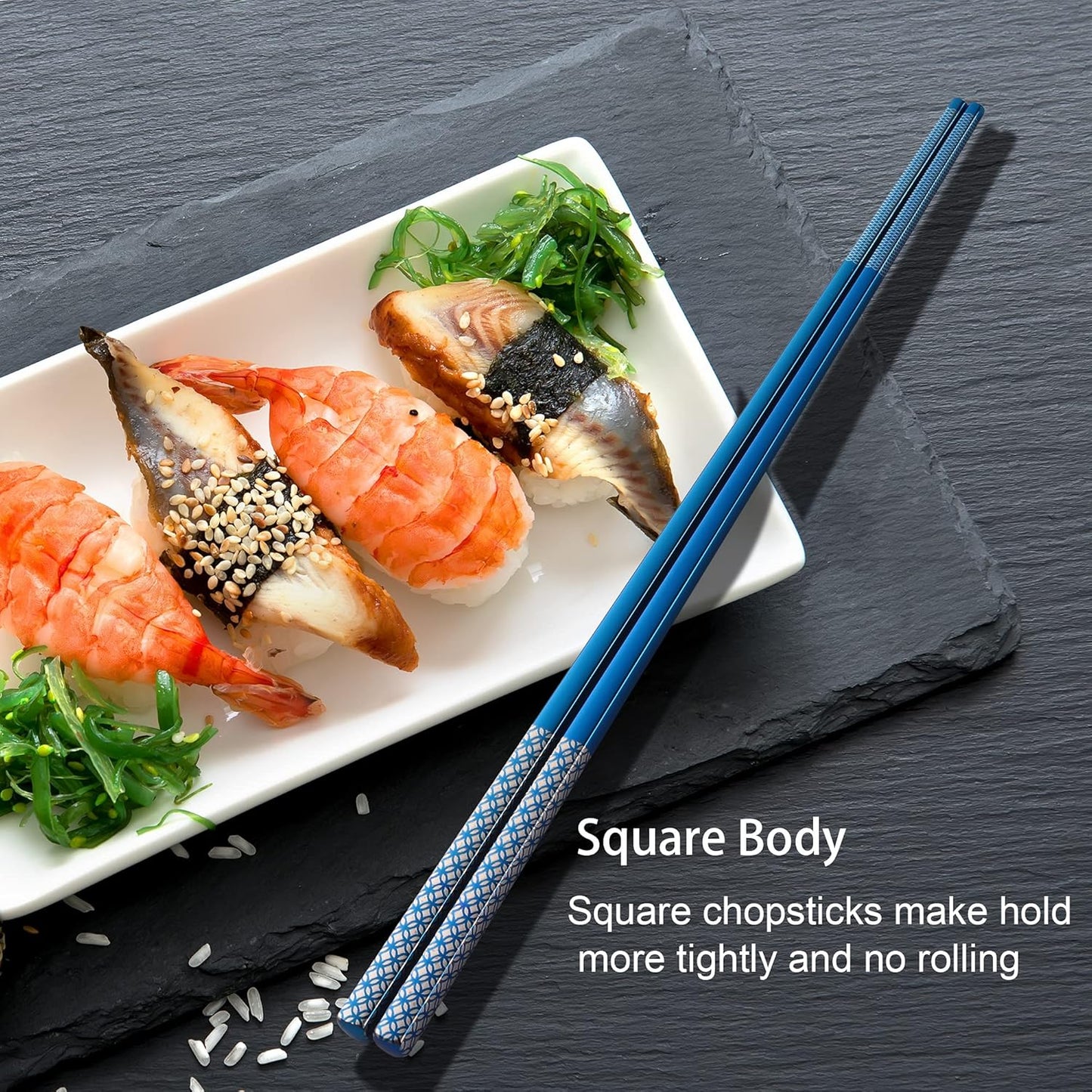 Metal Chopsticks Reusable Multicolor Stainless Steel Chopsticks Dishwasher Safe Chop Sticks Laser Engraved Copper Coin Pattern Square Non-slip, 9 1/4 Inches 5 Pairs Gift Set