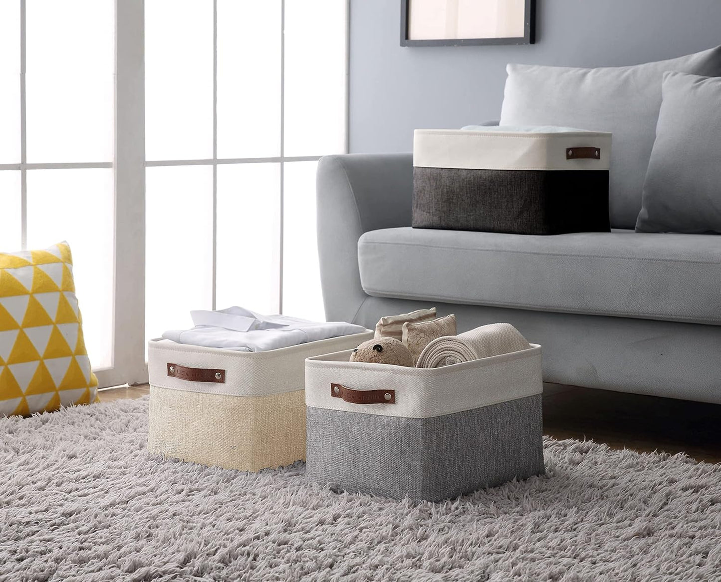 DECOMOMO Storage Baskets for Shelves - Fabric Storage Bins, Linen Closet Organizers and Storage (Mixed Neutral, Large - 3 Pack)