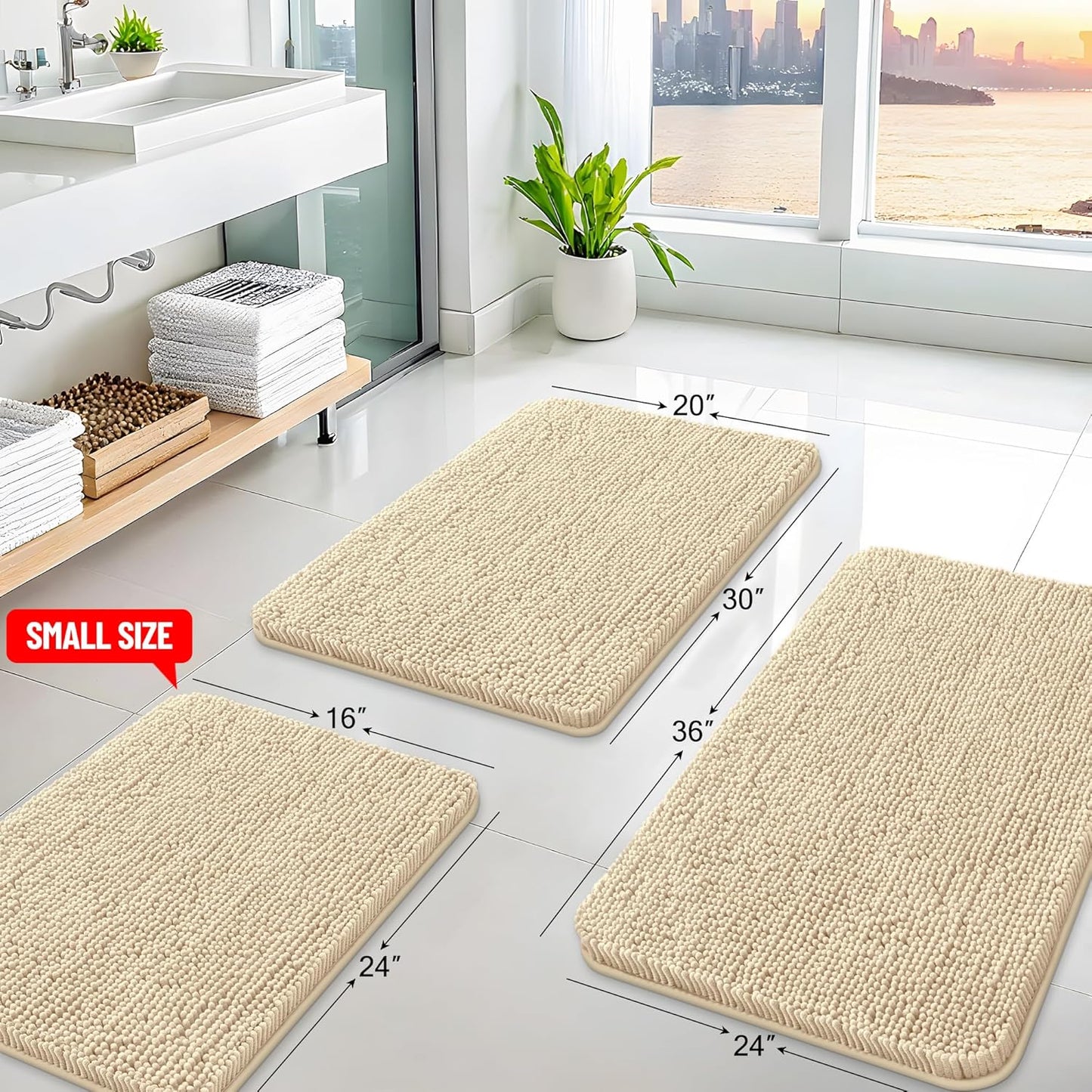 Arotive Bathroom Rugs 70x24, Extra Soft Absorbent Shaggy Chenille Bath Rugs, Machine Washable Rubber Backing Non-Slip Bath Mats for Bathroom Floor Tub and Shower, Home Decor Accessories, Beige