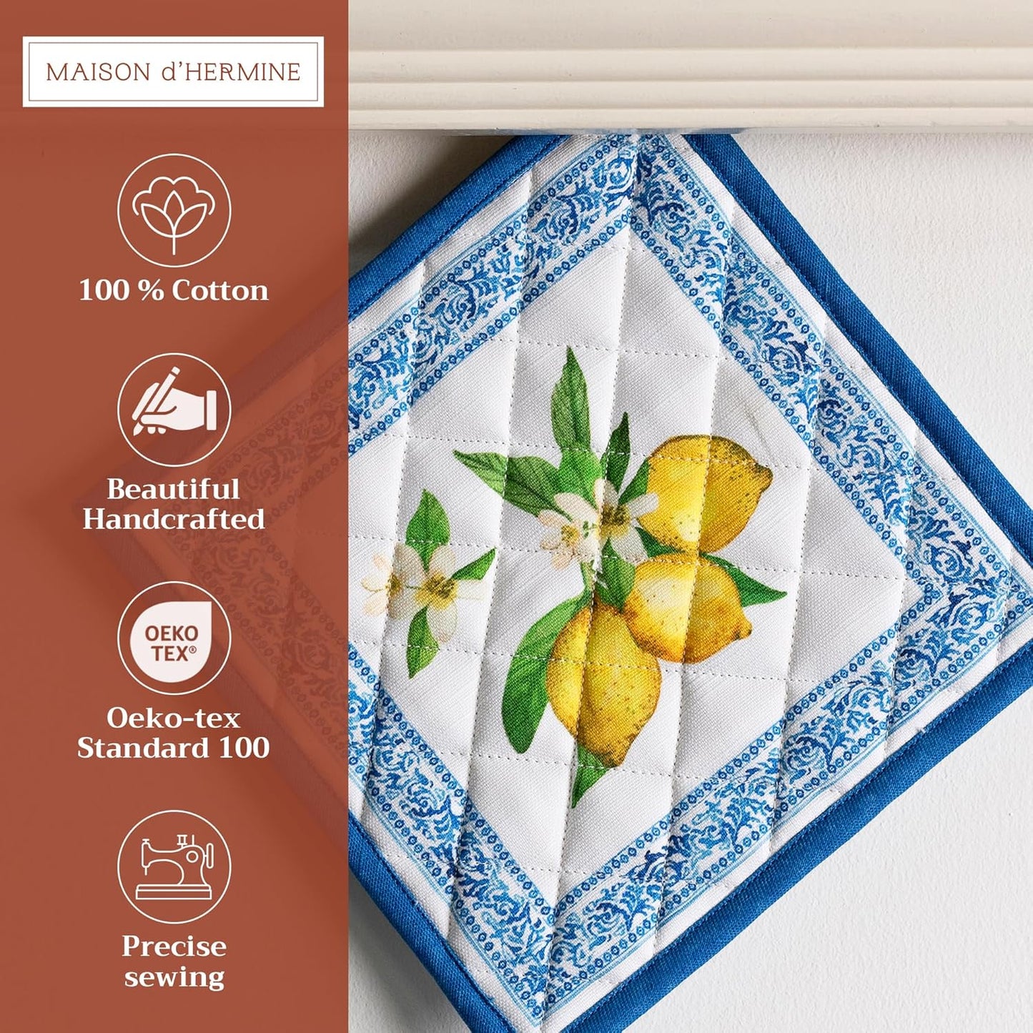 Maison d' Hermine Pot Holders 100% Cotton Heat Resistant Potholders 8" x 8" Hot Pads with Loop BBQ, Cooking, Baking, Grilling, Kitchen, Handling Hot Pans Spring/Summer (Pack of 1, Cedrat)