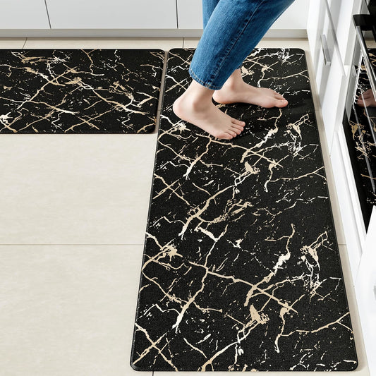 Gold Foil Stamped Marble Kitchen Mats for Floor 2PCS Cushioned Anti Fatigue Non Slip Waterproof Comfort Leather Kitchen Rugs 2/5 Inch PVC Kitchen Mats for Sink, Laundry, 17.3"x28"+17.3"x47", Black