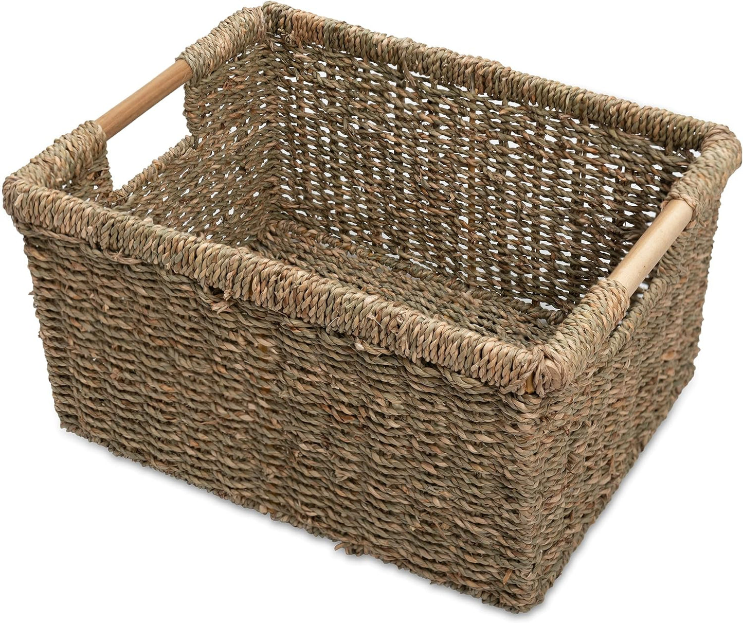 Large Wicker Storage Basket with Wooden Handles, Seagrass Basket for Shelves, Natural Wicker Bin With Handle for Storage 14.5 x 10.3 x 7.5 inches
