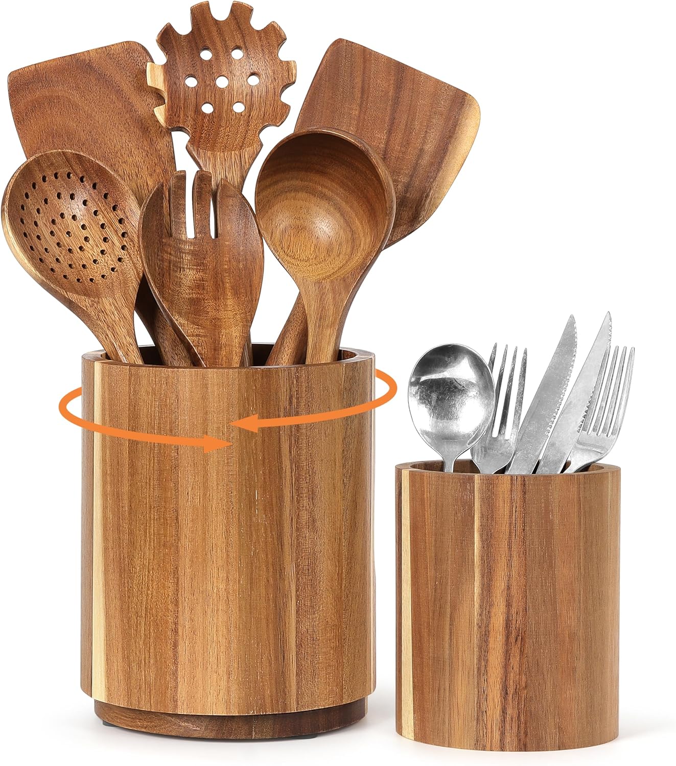 Utensil Holder for Kitchen Countertop: 360° Rotating Wooden Utensil Crocks - Farmhouse Cooking Spoons Organizer