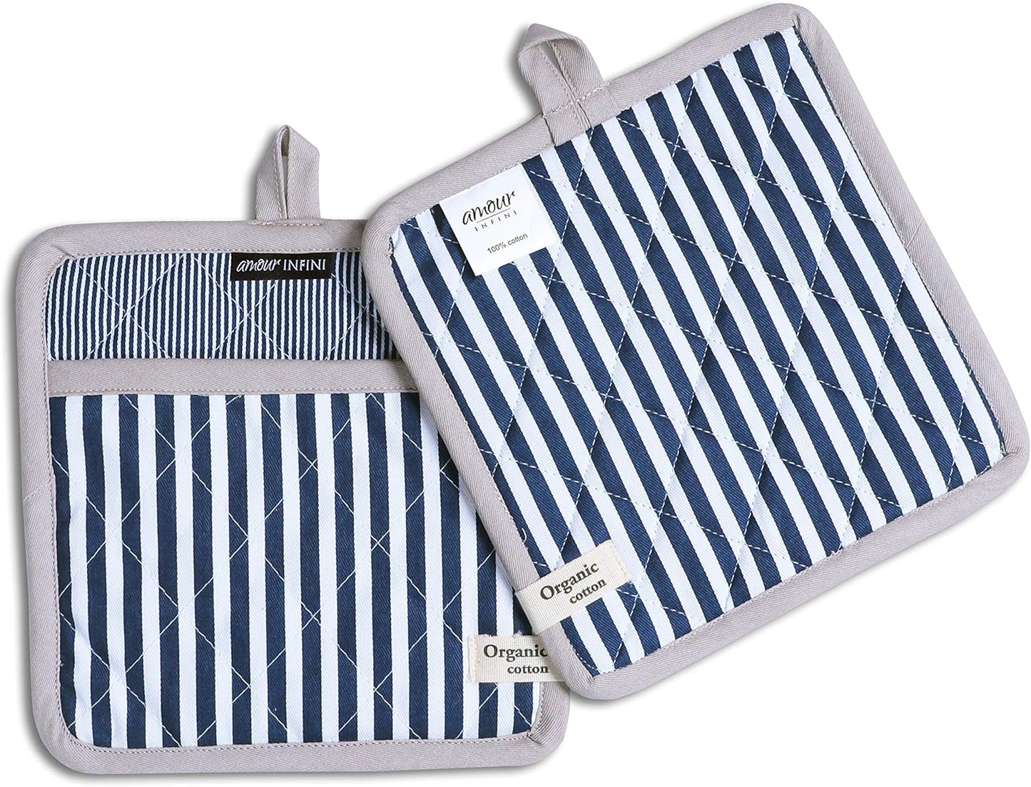 AMOUR INFINI Pot Holders Heat Resistant Cotton Set of 3 Nonslip 8"x8" Inch Hot Pads for Kitchen, BBQ, Baking & Cooking with Hanging Loops (Stripe Blue)