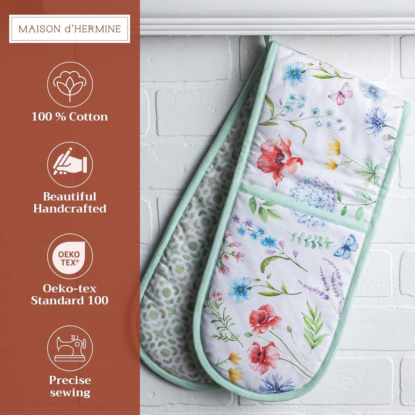 Maison d' Hermine Double Oven Mitts 100% Cotton 7"x35" Double Oven Mitt Heat Resistant BBQ Cooking Gloves with Loop, Baking, Grilling, Home, Kitchen, Handling Hot Pans Spring Summer (Just Floral).