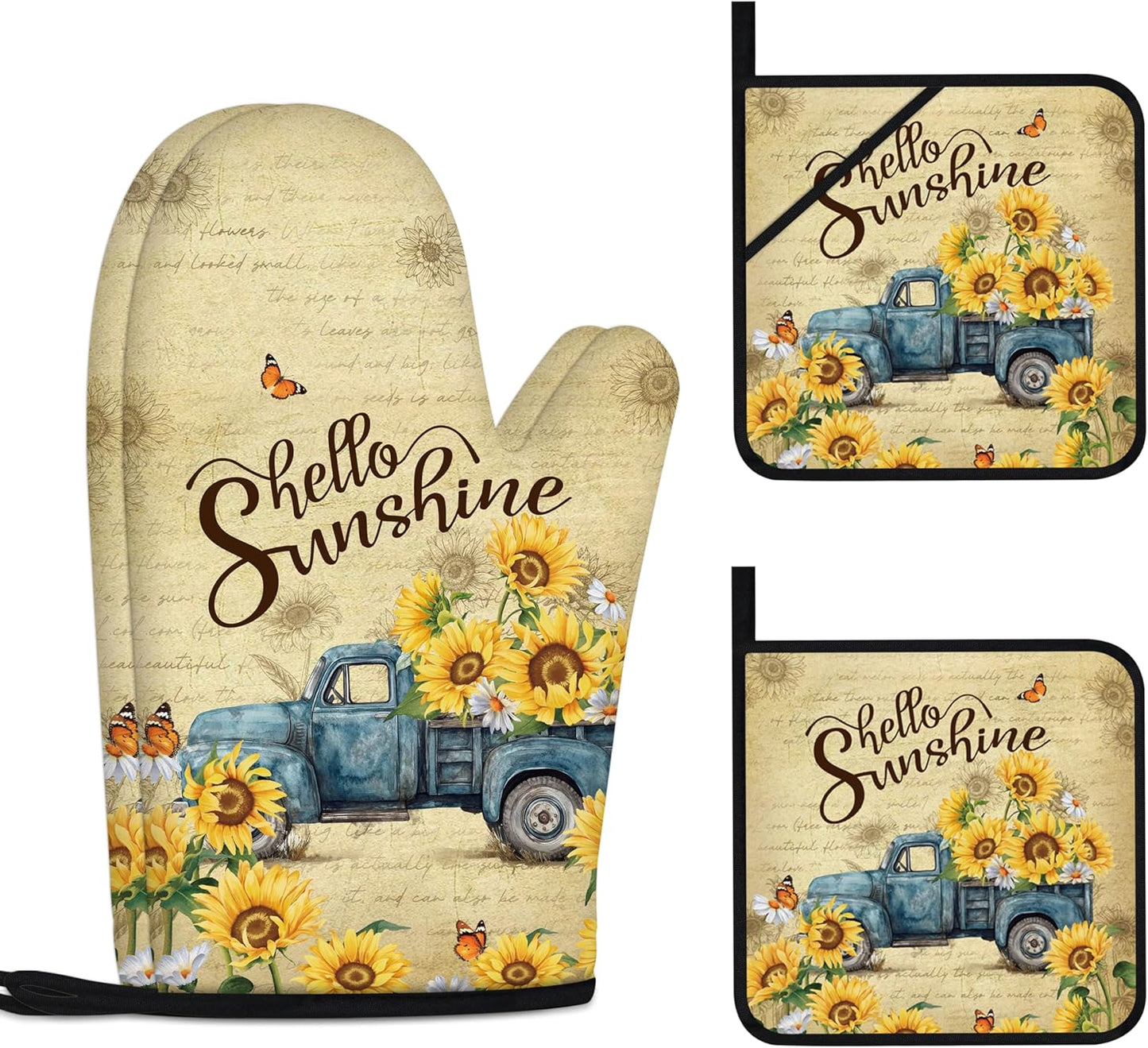 Sunflower Oven Mitts and Pot Holders Sets Vintage Floral Oven Gloves Heat Resistant 4 Pcs Farmhouse Decorative Kitchen Hot Pads and Mitts for Baking Cooking Grilling