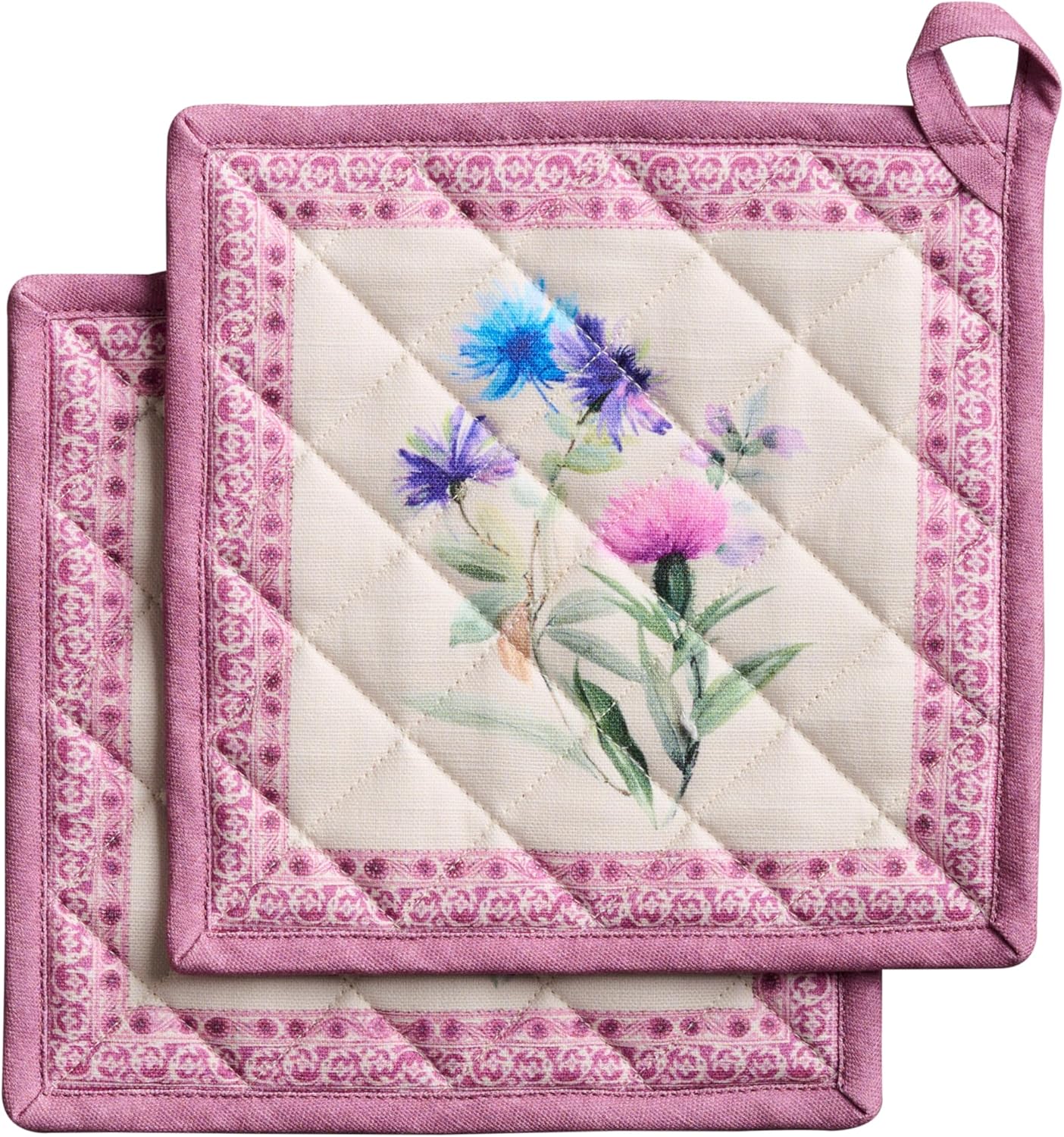 Maison d' Hermine Pot Holders Set 100% Cotton Heat Resistant Potholders 8" x 8" Hot Pads with Loop BBQ, Cooking, Baking, Grilling, Kitchen, Handling Hot Pans Spring/Summer (Pack of 2, Chardon)