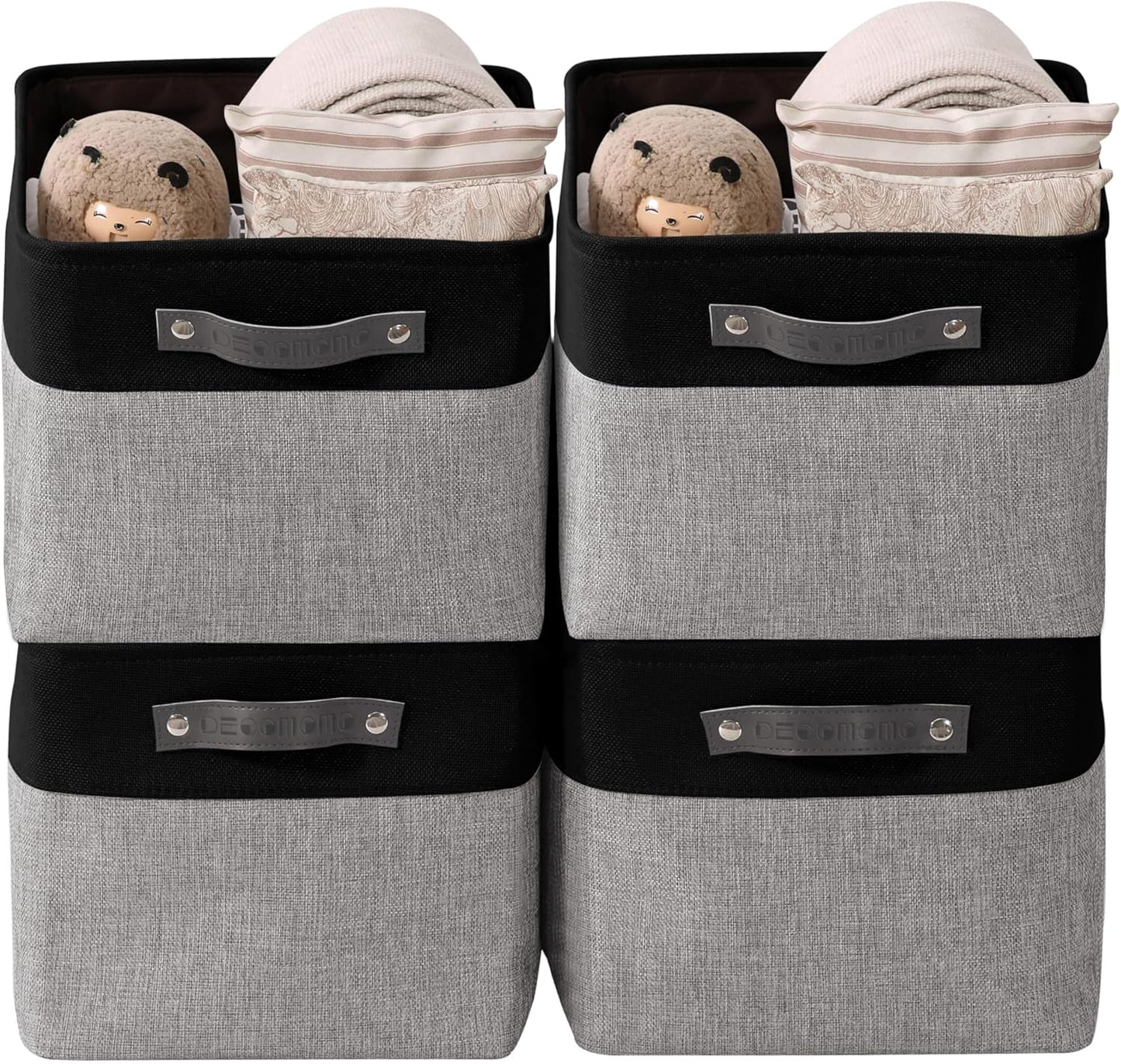 DECOMOMO Storage Baskets for Shelves - Fabric Storage Bins, Linen Closet Organizers and Storage (Grey & Black, Large - 4 Pack)