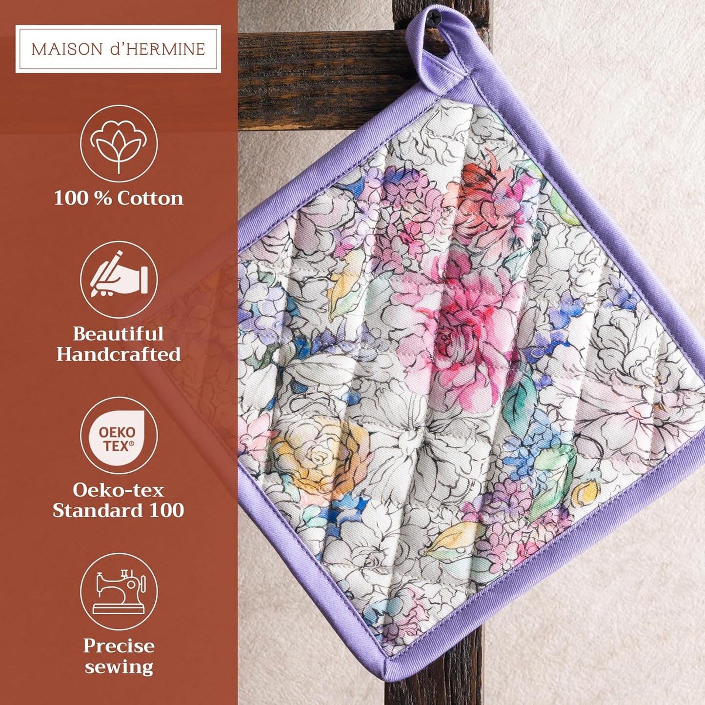Maison d' Hermine Pot Holders Set 100% Cotton Heat Resistant Potholders 8" x 8" Hot Pads with Loop BBQ, Cooking, Baking, Grilling, Kitchen, Handling Hot Pans Spring/Summer (Pack of 2, Floral Love)