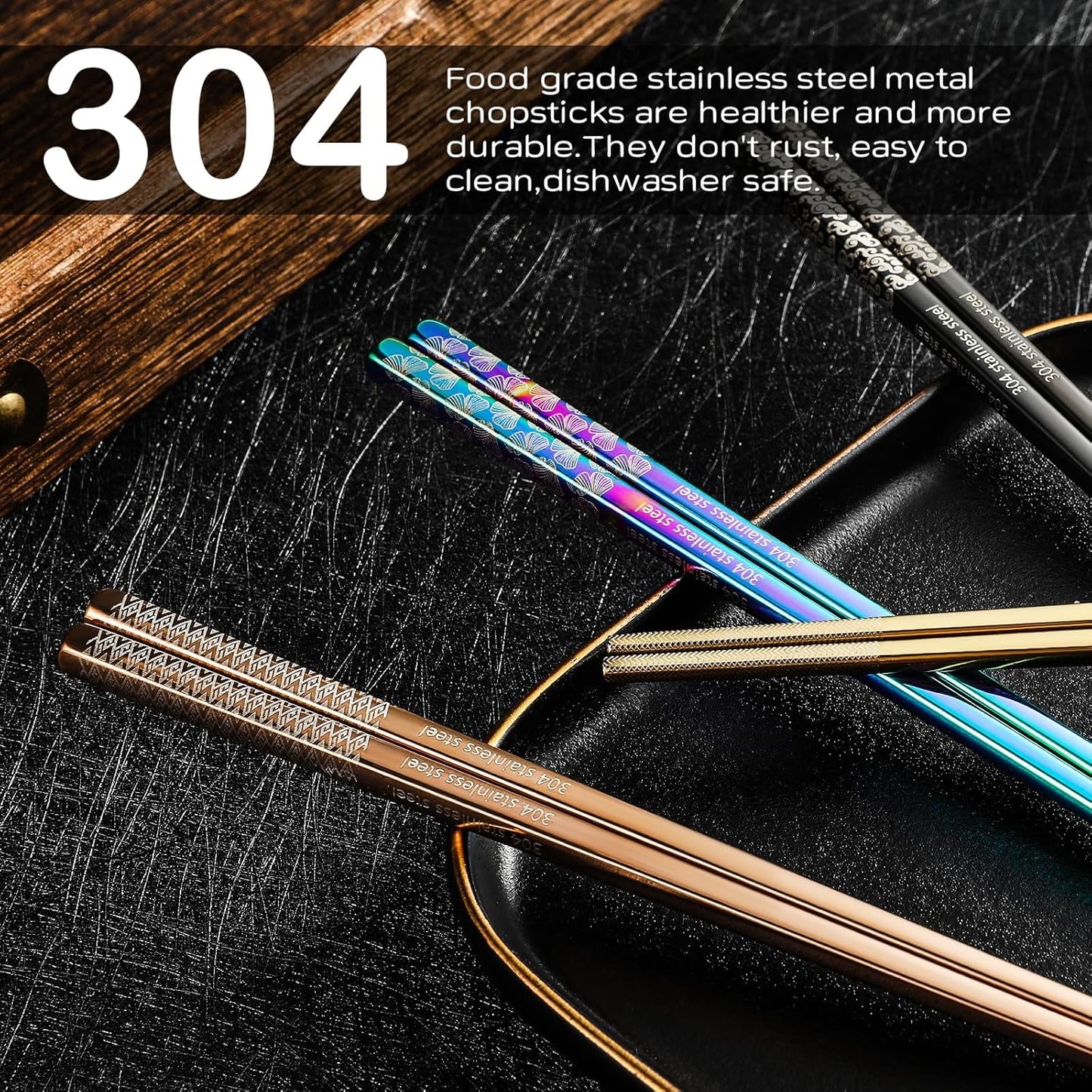 8 Pairs Metal Chopsticks Reusable Multicolor Stainless Steel Chopsticks Set Laser Engraved Non-slip Japanese Korean Chinese Chopstick for Cooking Eating Dishwasher Safe 9.25" Chop Sticks Gift Set