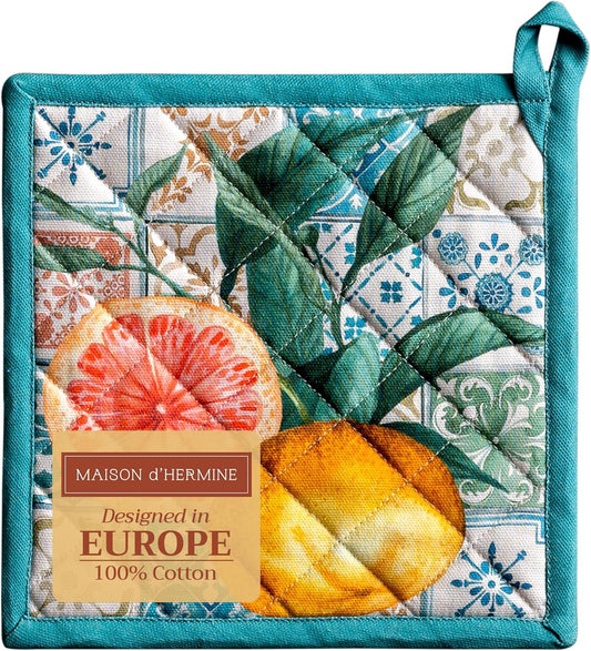 Maison d' Hermine Pot Holders 100% Cotton Heat Resistant Potholders 8" x 8" Hot Pads with Loop BBQ, Cooking, Baking, Grilling, Kitchen, Handling Hot Pans Spring/Summer (Pack of 1, Agrume)