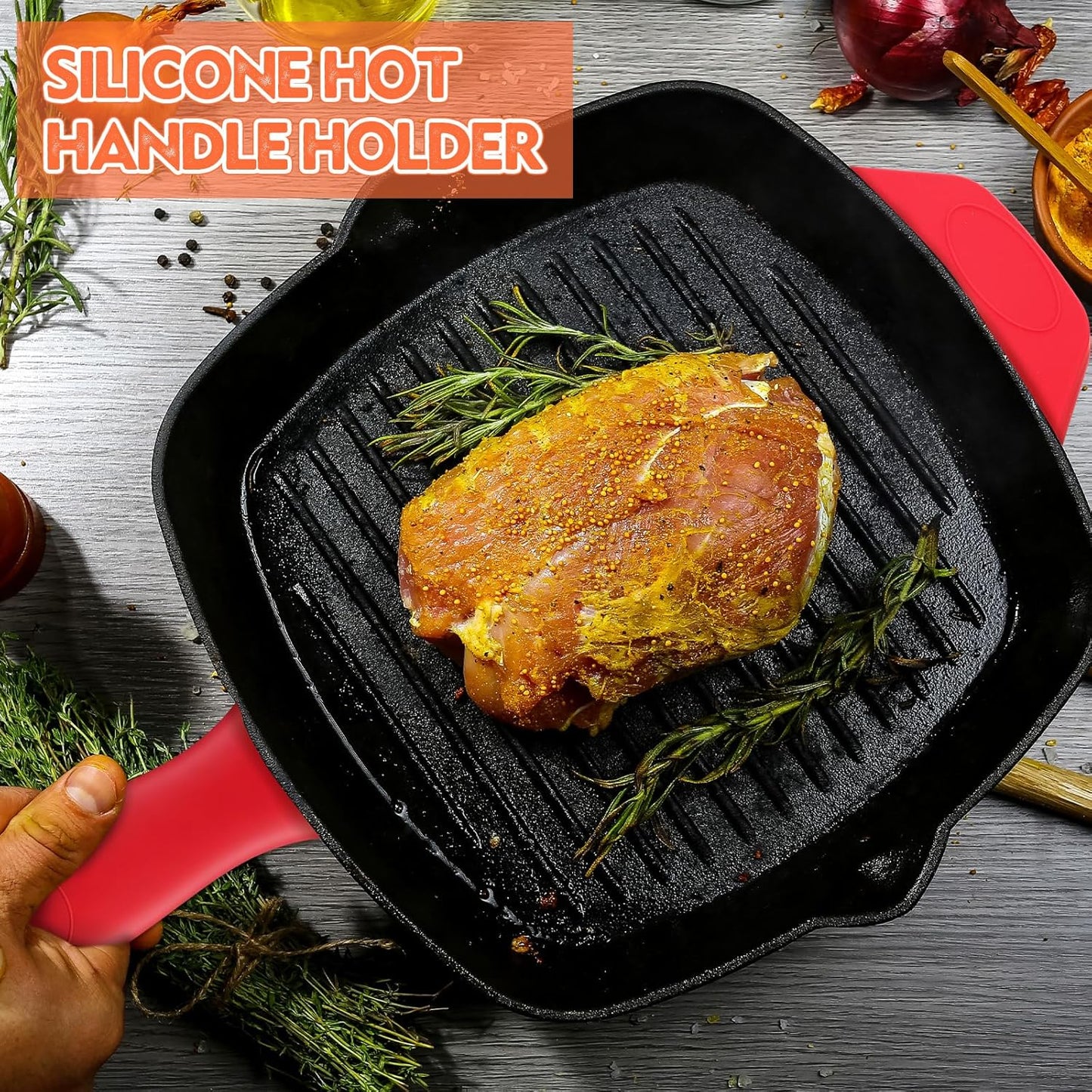 Domensi 4 Pcs Silicone Hot Handle Holder Set Cast Iron Skillet Handle Covers Heat Resistant Silicone Assist Handle Holder for Frying Pans Cast Iron Skillet Griddles Cookware(Red)