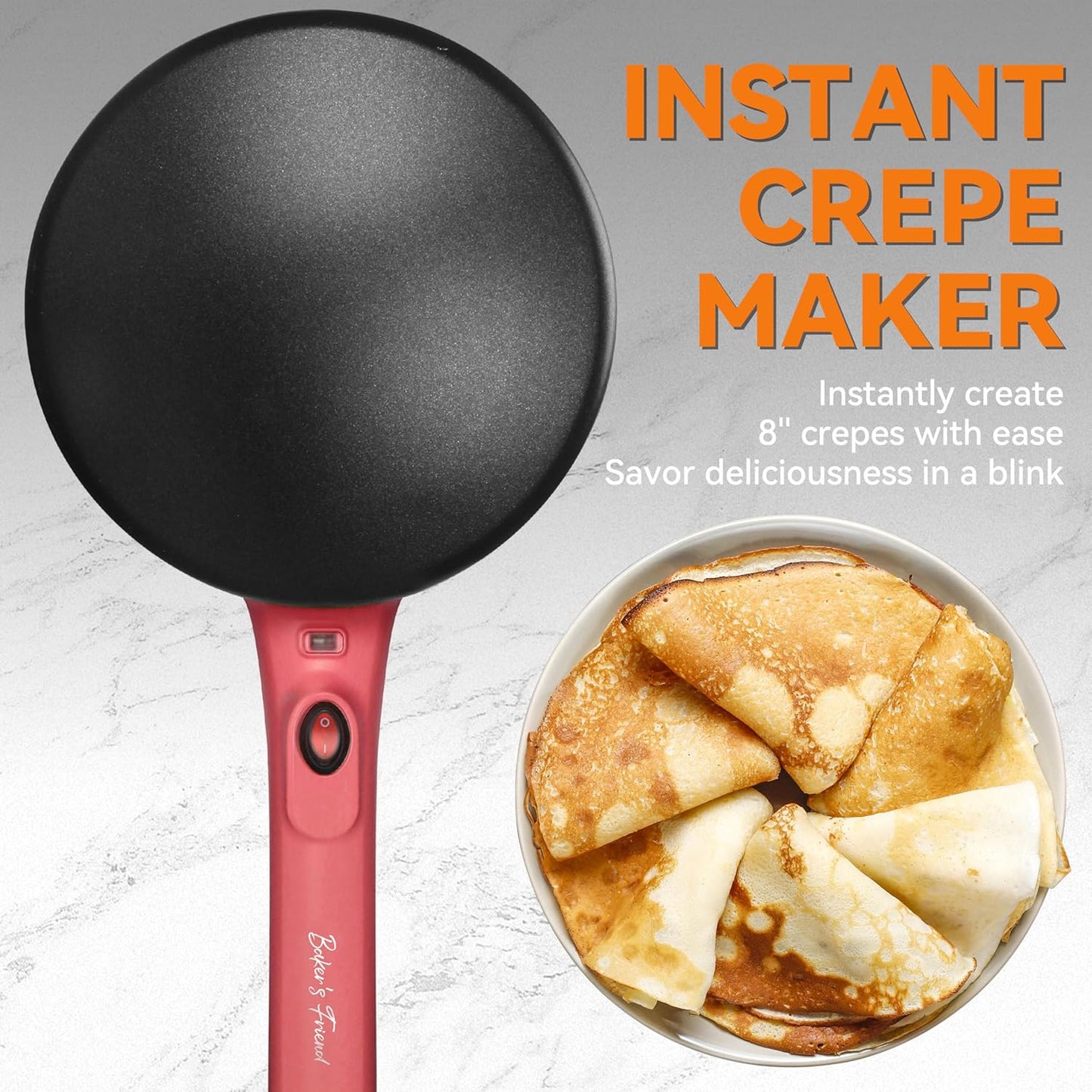 Baker's Friend Instant Crepe Maker with Handle, Electric Crepe Maker Machine, Crepera Electrica, 8 Inch Non-stick Cooking Surface, Raspberry Red