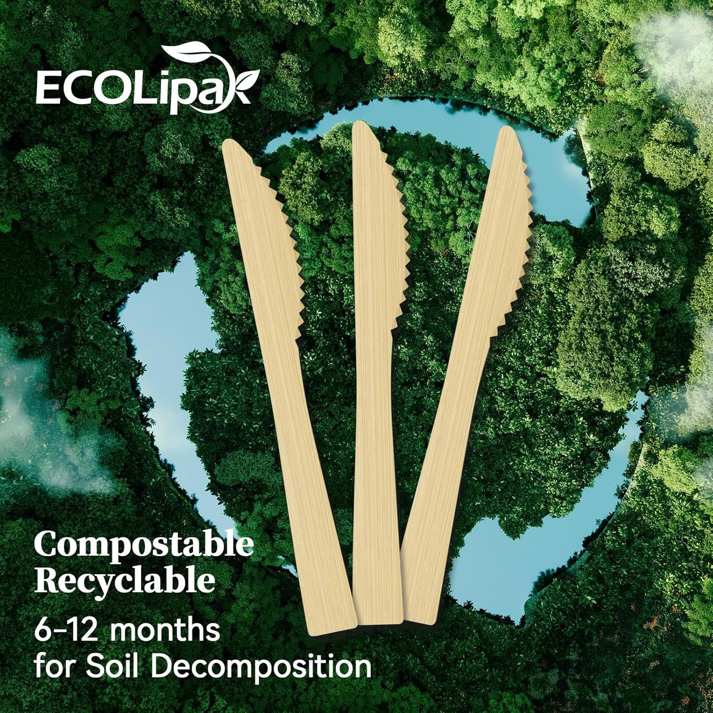 ECOLipak 300 Count Disposable Bamboo Knives, 6.7 Inch Bamboo Compostable Disposable Knives for Party, Wedding, Camping, Traveling, Family Dinners, Large Events