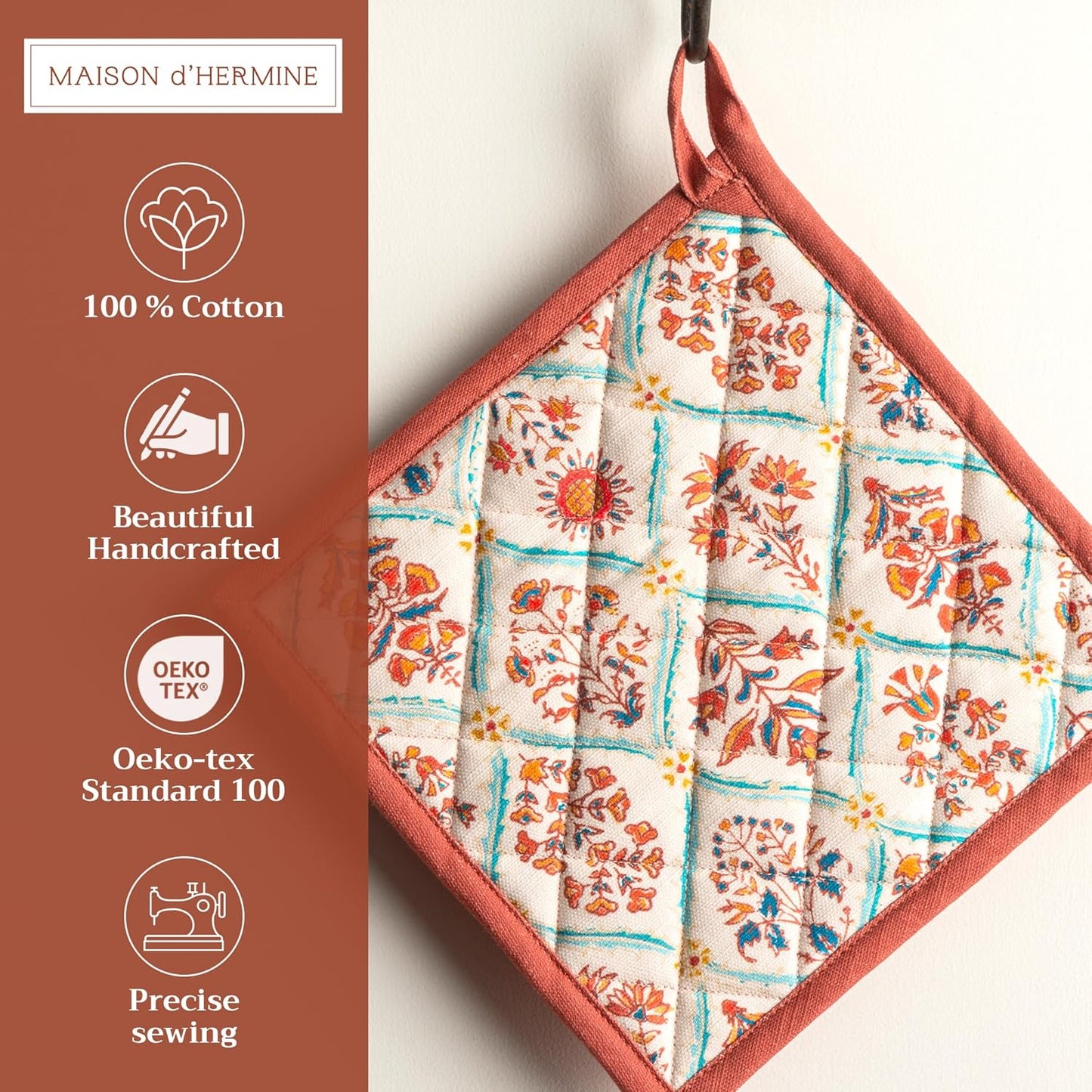 Maison d' Hermine Pot Holders 100% Cotton Heat Resistant Potholders 8" x 8" Hot Pads with Loop BBQ, Cooking, Baking, Grilling, Kitchen, Handling Hot Pans (Pack of 1, Romane)