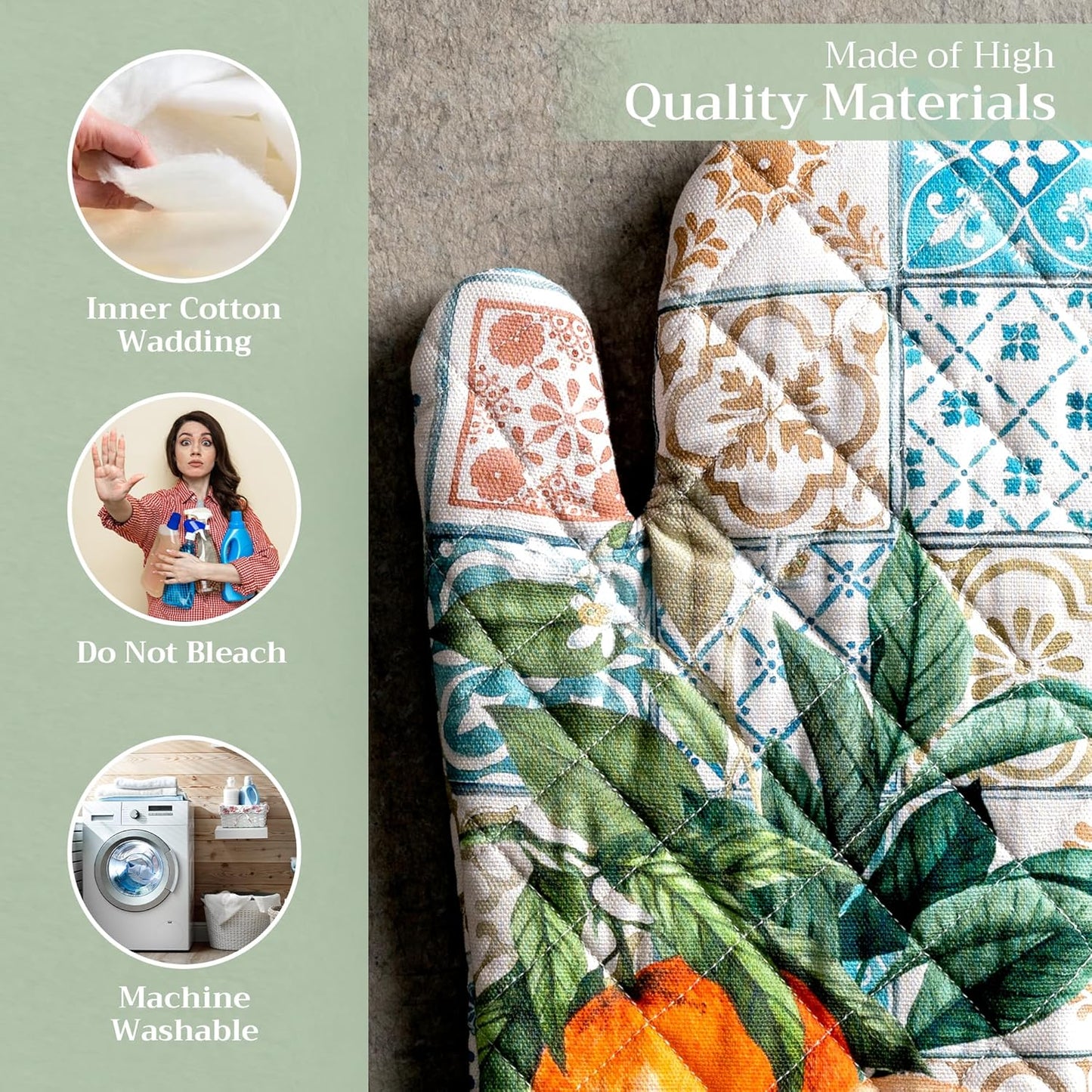 Maison d' Hermine Oven Gloves 100% Cotton Oven Mitt 7" x 13" with Loop Heat Resistant, BBQ, Cooking Gloves, Baking, Grilling, Kitchen, Handling Hot Pans Spring/Summer (Pack of 1, Agrume)