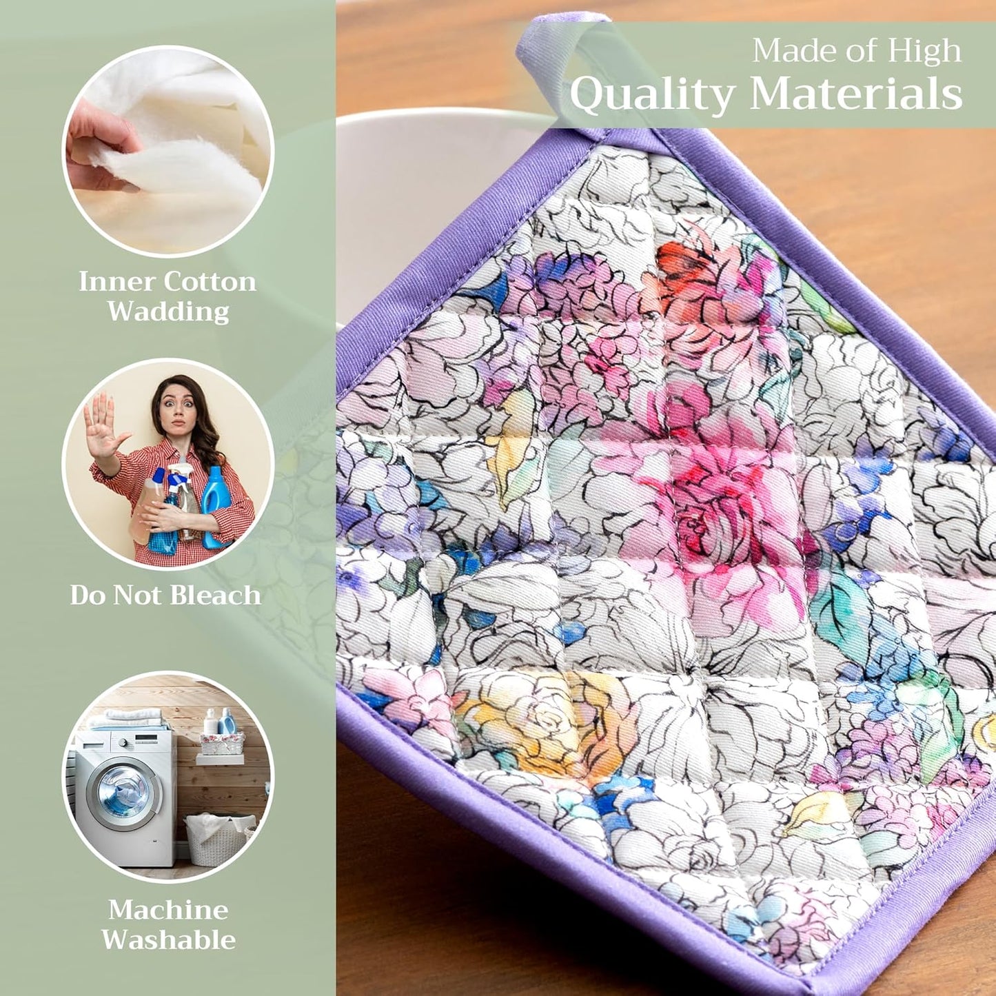 Maison d' Hermine Pot Holders Set 100% Cotton Heat Resistant Potholders 8" x 8" Hot Pads with Loop BBQ, Cooking, Baking, Grilling, Kitchen, Handling Hot Pans Spring/Summer (Pack of 2, Floral Love)