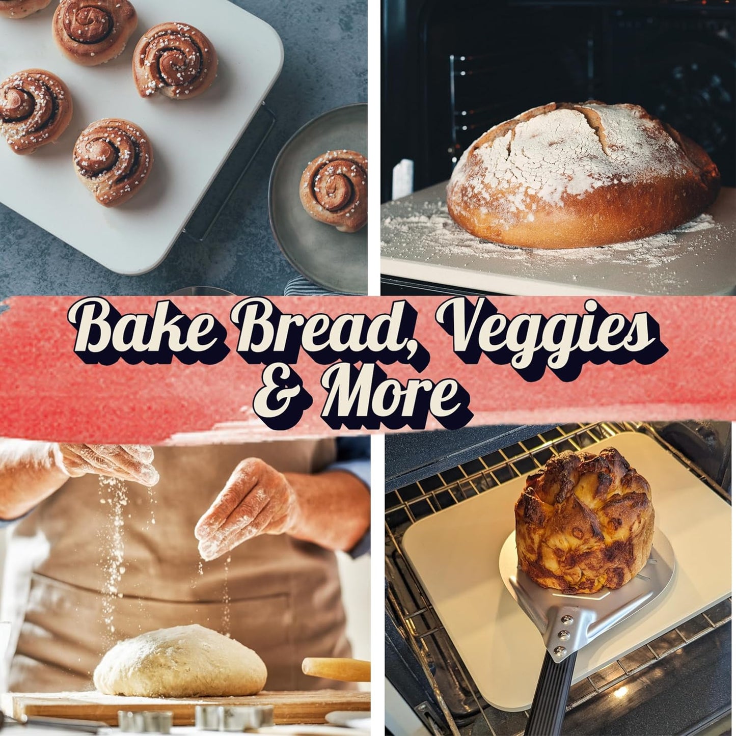 Pizza Stone for Oven and Grill Set - 5PCS Pizza Making Accessories Kit - 15 inch Pizza Stone with Handles, Pizza Peel, Pizza Cutter, Dough Tool - Baking Stone for Bread - Large Rectangular Oven Stones