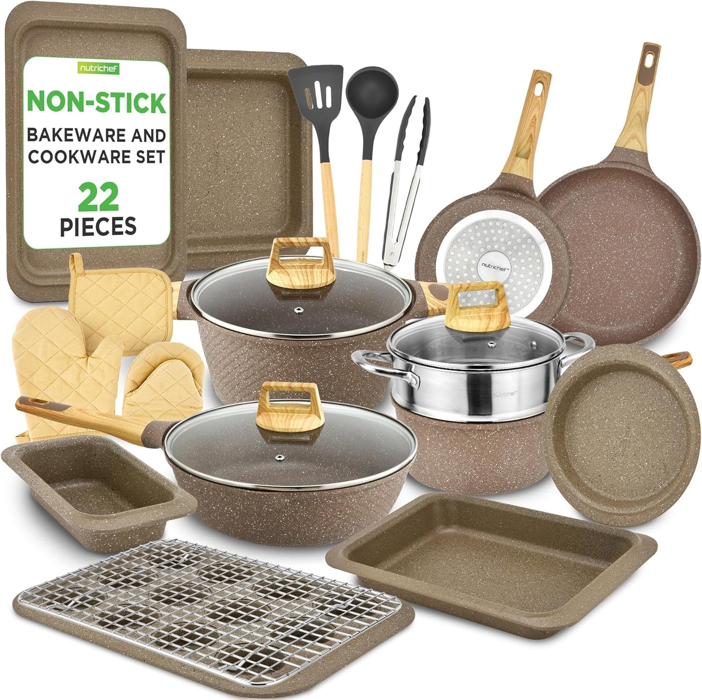 Nutrichef 22-Piece Black Marble Non-Stick Cookware and Bakeware Set - Professional Home Kitchen Collection with Multi-Sized Pots, Pans, and Heat-Resistant Tools