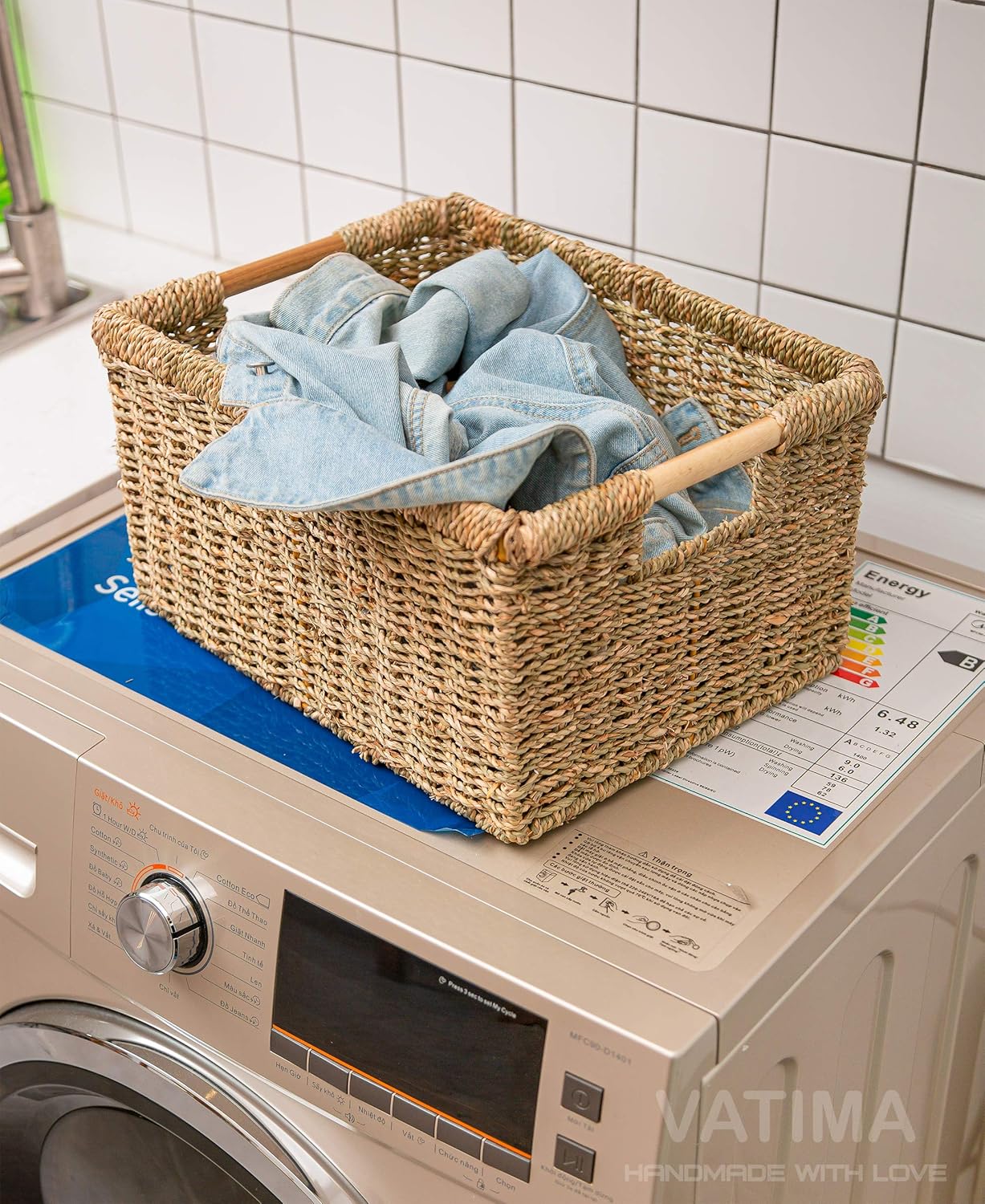 Large Wicker Storage Basket with Wooden Handles, Seagrass Basket for Shelves, Natural Wicker Bin With Handle for Storage 14.5 x 10.3 x 7.5 inches