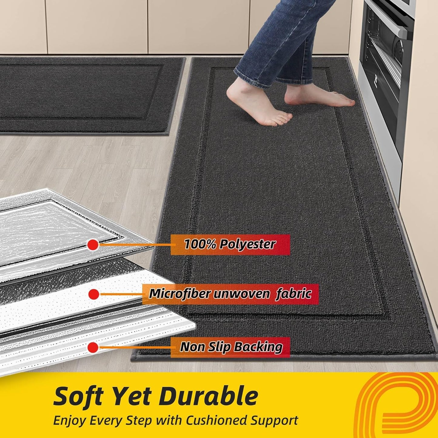 JSEI Non-Slip Kitchen Mats, Self Adhesive No Sliding Kitchen Rugs Set of 2, Washable Absorbent Floor Mat for Kitchen, Bathroom, Laundry Room, Bedroom, 24”x36”+24”x60”, Dark Grey, Rectangular Pattern