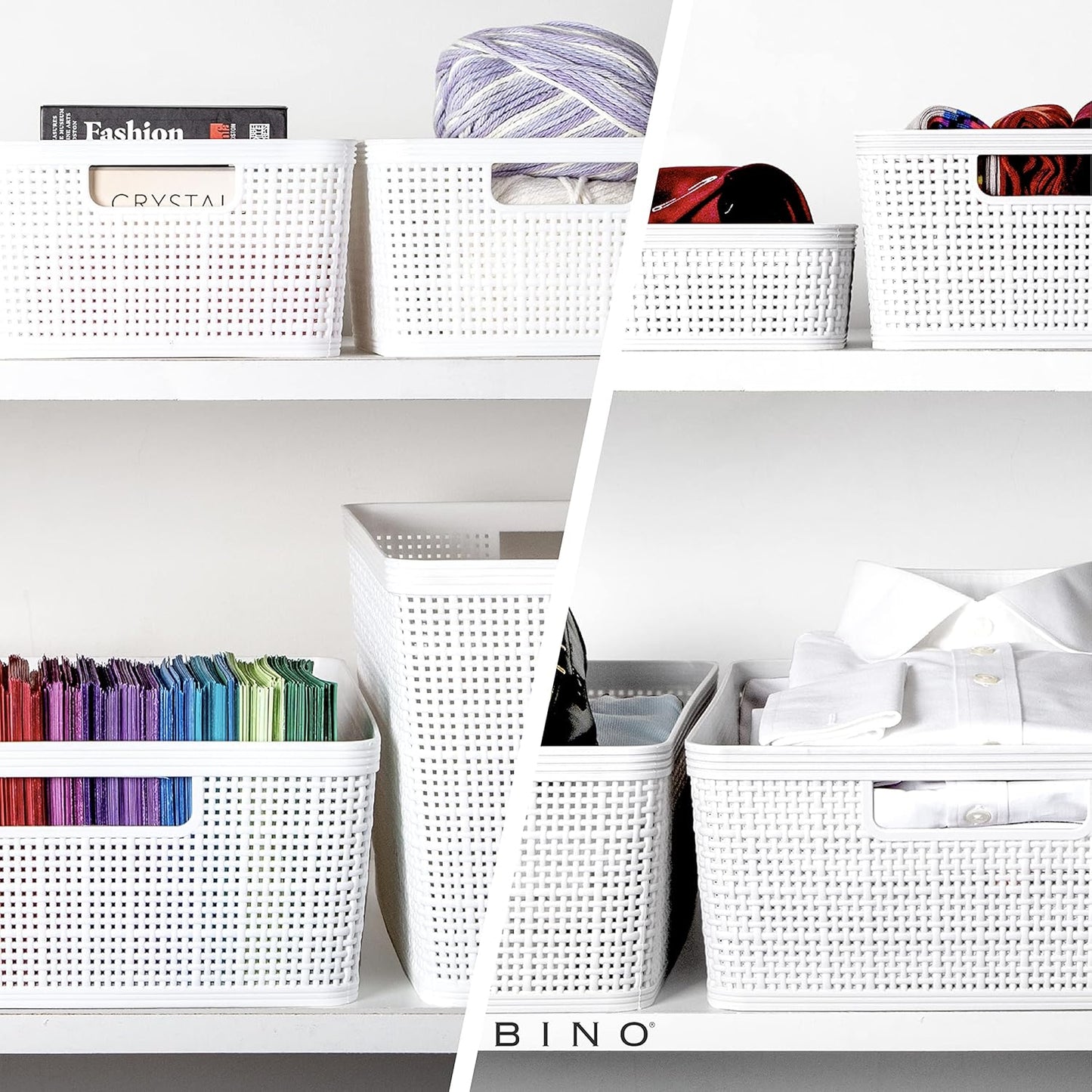 BINO | Woven Plastic Basket | Medium (White), 4-Pack | THE JUTE COLLECTION | Home Organization, Space - Saving Storage, Stylish Design | Jute Basket | Plastic Storage Basket