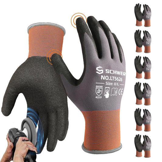 Schwer 6 Pairs Safety Work Gloves with Sandy Nitrile Coating LT5626, Max Abrasion Resistance Heavy Duty Gloves with Grip for Men and Women, Ideal for General Use, Mechanic, Construction, Gardening, L