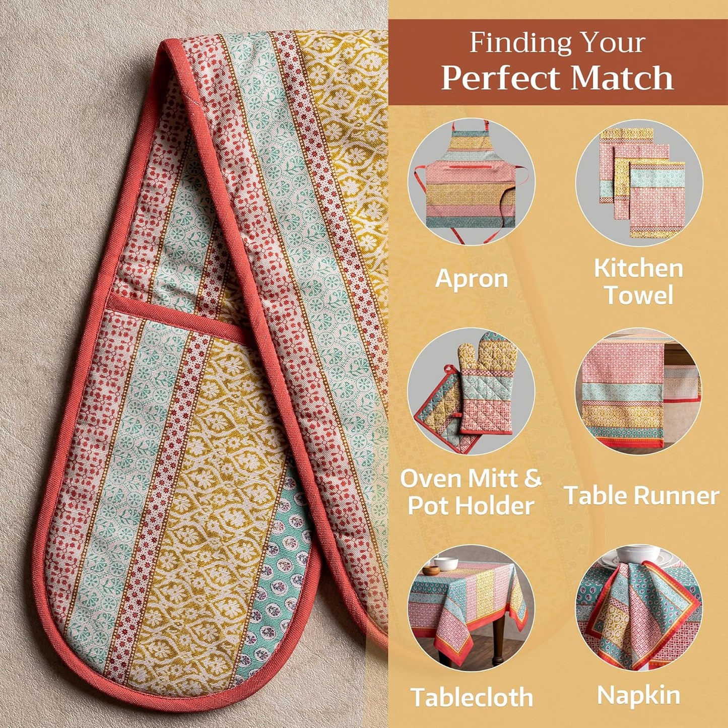 Maison d' Hermine Double Oven Mitts 100% Cotton 7"x35" Double Oven Mitt Heat Resistant BBQ Cooking Gloves with Loop, Baking, Grilling, Home, Kitchen, Handling Hot Pans Spring Summer (Provence)