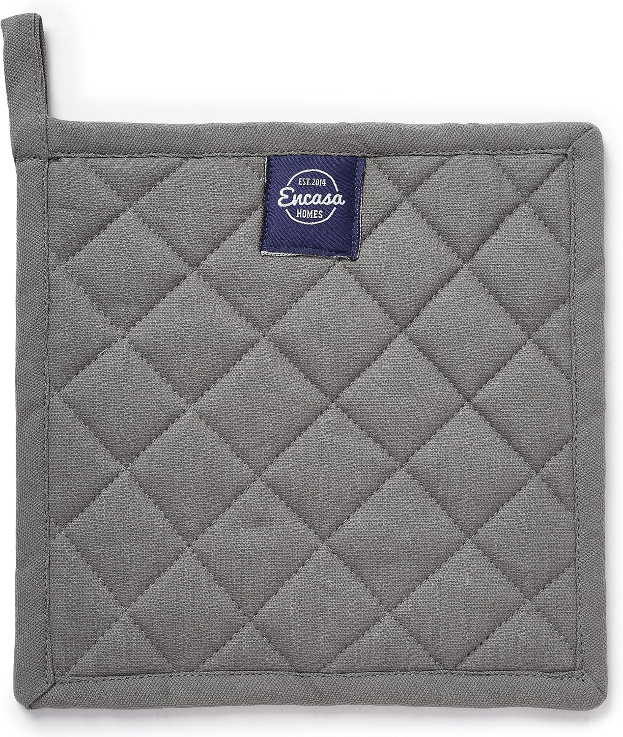 Encasa XO Heat Resistant Cotton Pot Holders with Hanging Loop - Set of 2 - Grey - Multipurpose Quilted Everyday Hot Pad for Kitchen, Camping, BBQ & Microwave - 8x8 in