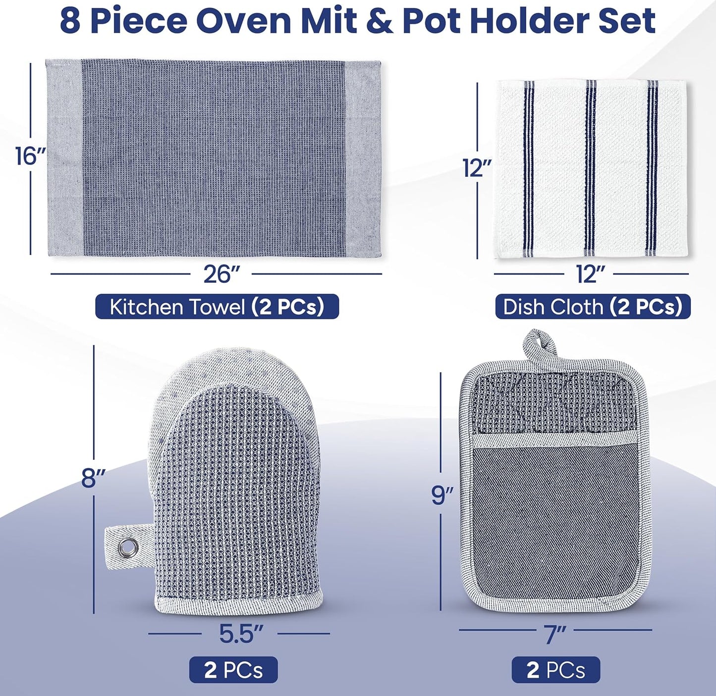 Casa Platino Mini Oven Mitts Set, 8-Piece – 500°F Heat Resistant Silicone Oven Mitts, Potholders for Kitchens, 2 Kitchen Towels & 2 Dish Cloths – Non-Slip & Durable – Indigo