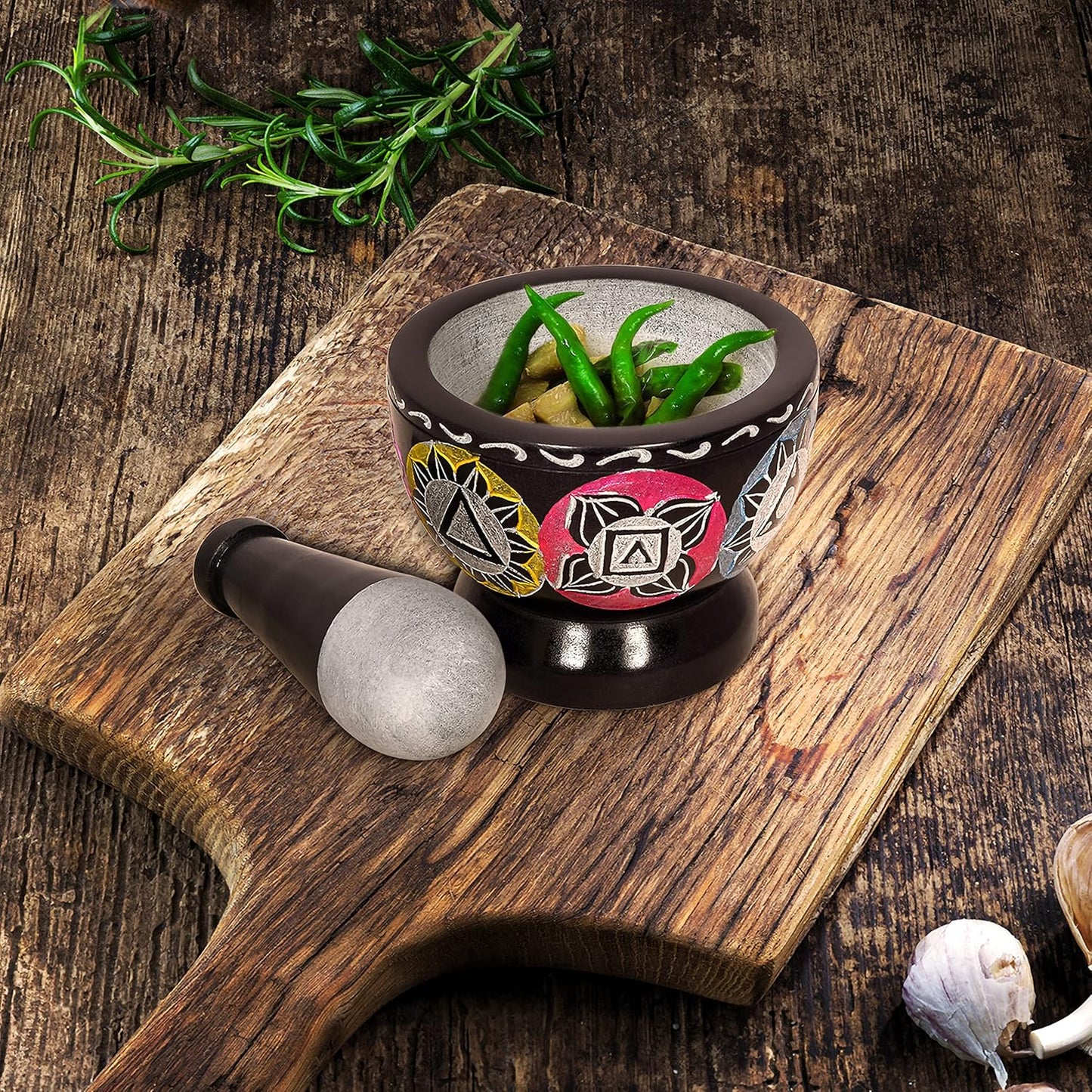 Mortar and Pestle, Made of Heavy Duty Polished Hard Stone, Natural Stone Grinder for Spices, Pastes, Herbs, Seasoning etc. (Black with Mix Color)